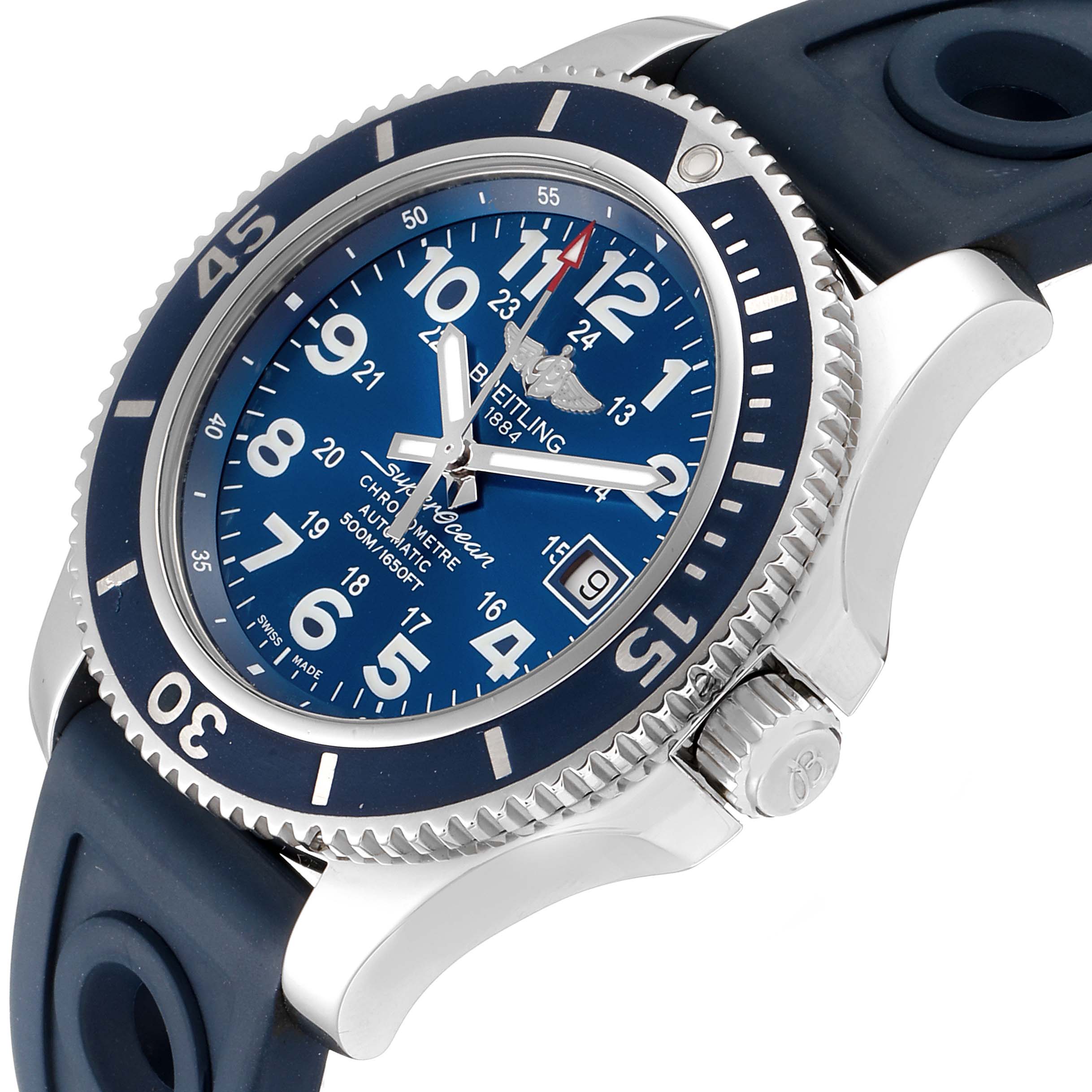 The image shows a Breitling Superocean A17365 Men's Stainless Steel Blue Dial A17365 Men's Stainless Steel Blue Dial watch from a tilted side angle, highlighting the blue dial, bezel, case, and partial strap.