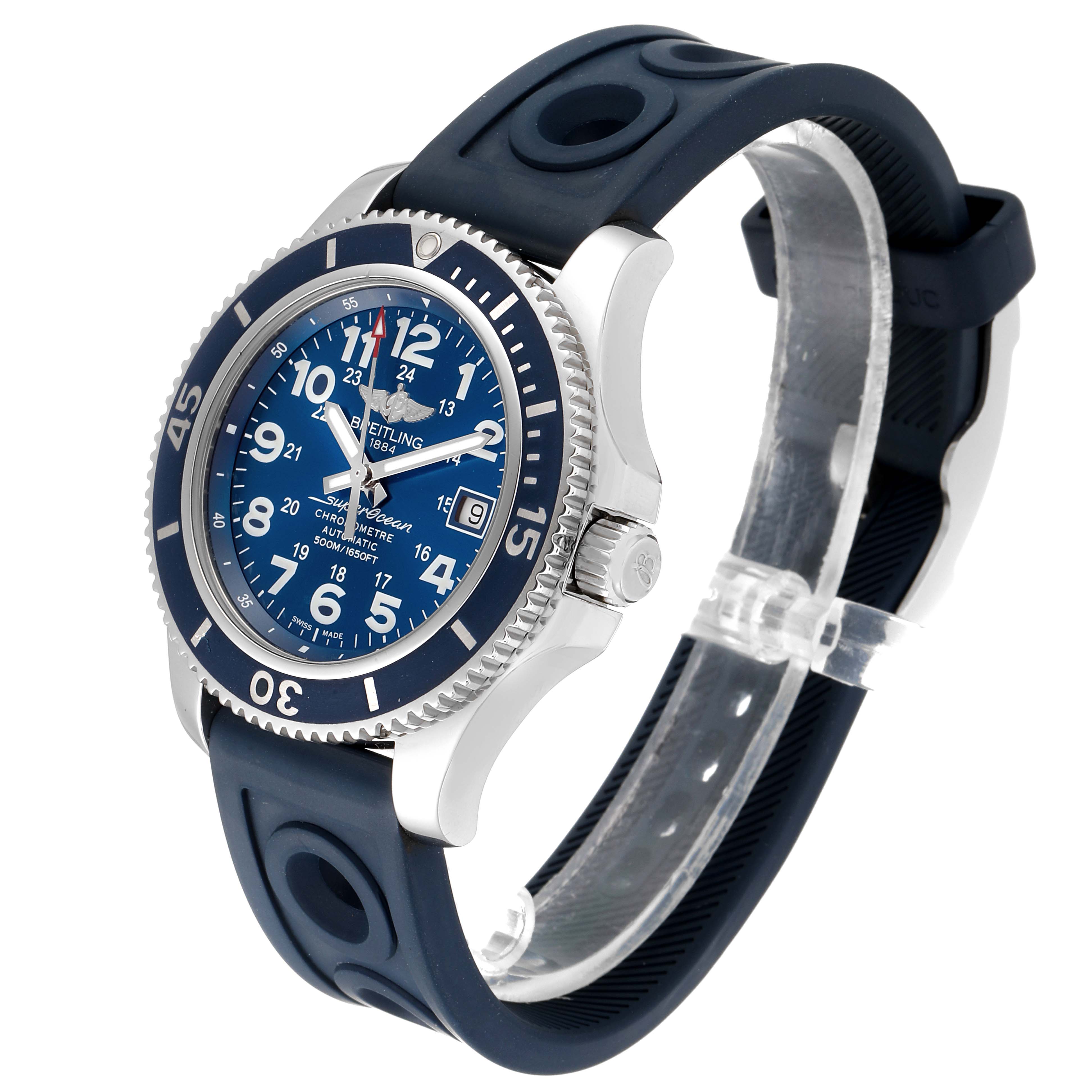 The Breitling Superocean A17365 Men's Stainless Steel Blue Dial A17365 Men's Stainless Steel Blue Dial watch is shown at a three-quarter angle, featuring its blue dial, bezel, and blue rubber strap.