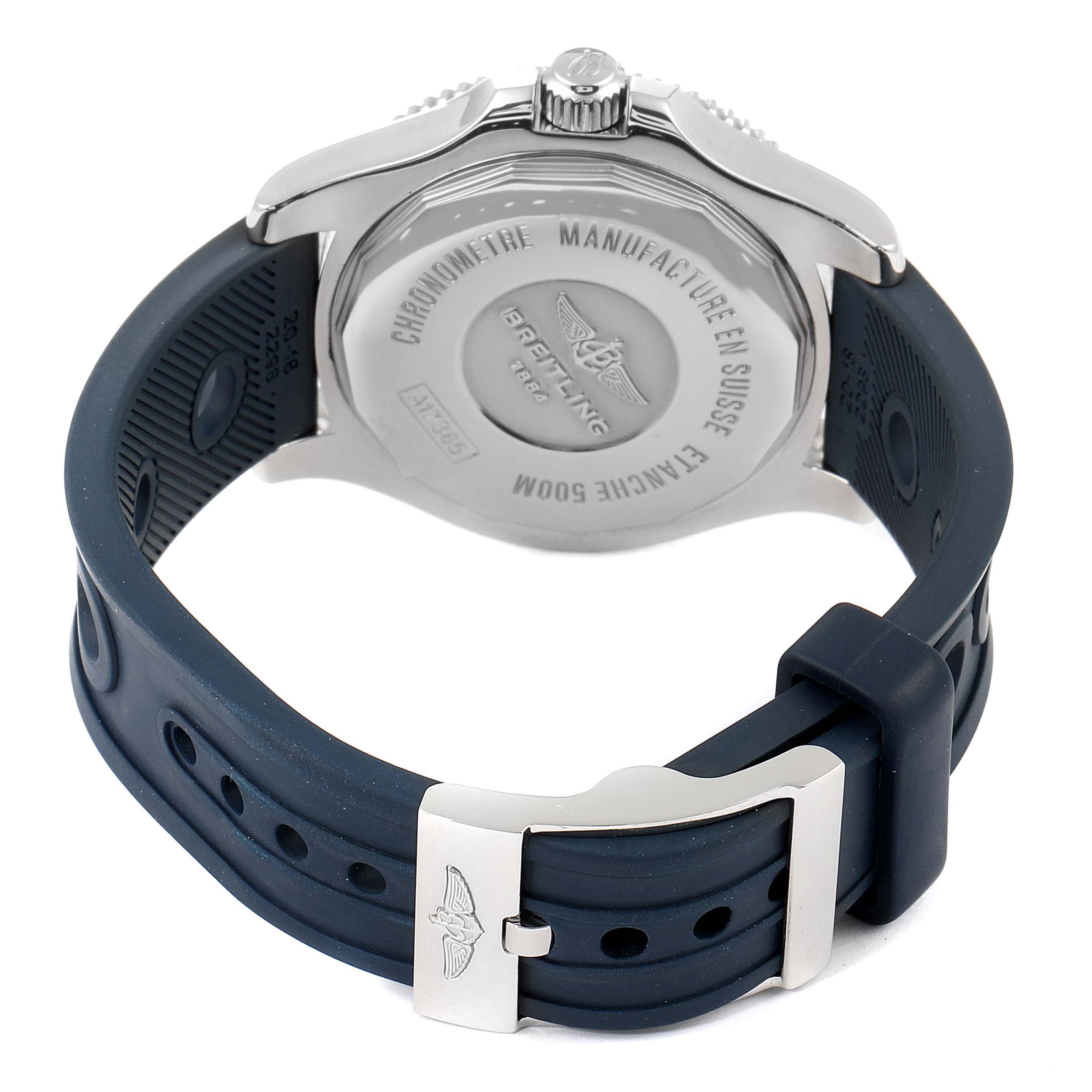 The image shows the back case and rubber strap of a Breitling Superocean A17365 Men's Stainless Steel Blue Dial A17365 Men's Stainless Steel Blue Dial watch, viewed from the rear.