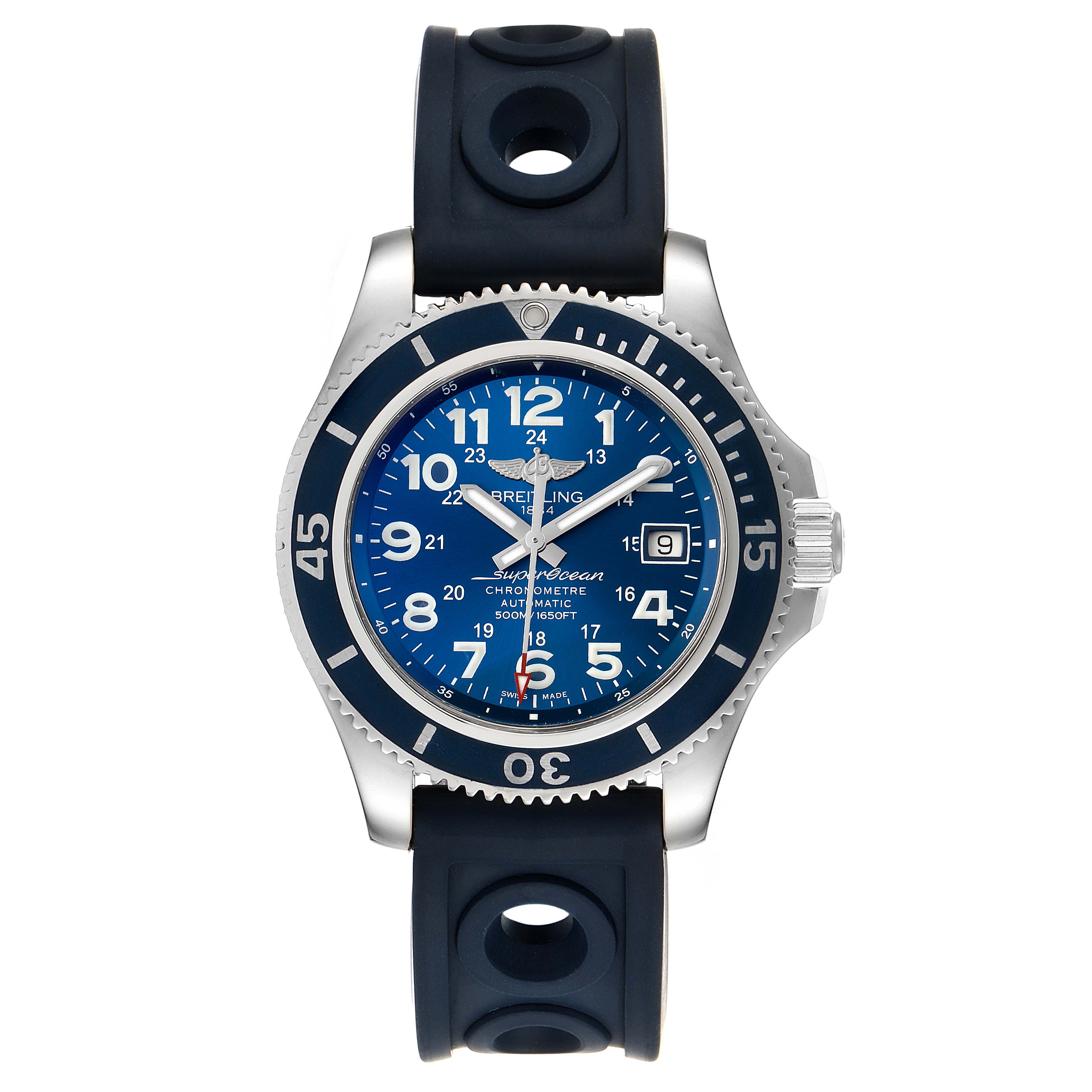 The Breitling Superocean A17365 Men's Stainless Steel Blue Dial A17365 Men's Stainless Steel Blue Dial watch is shown front-facing, featuring its dial, bezel, crown, and rubber strap.