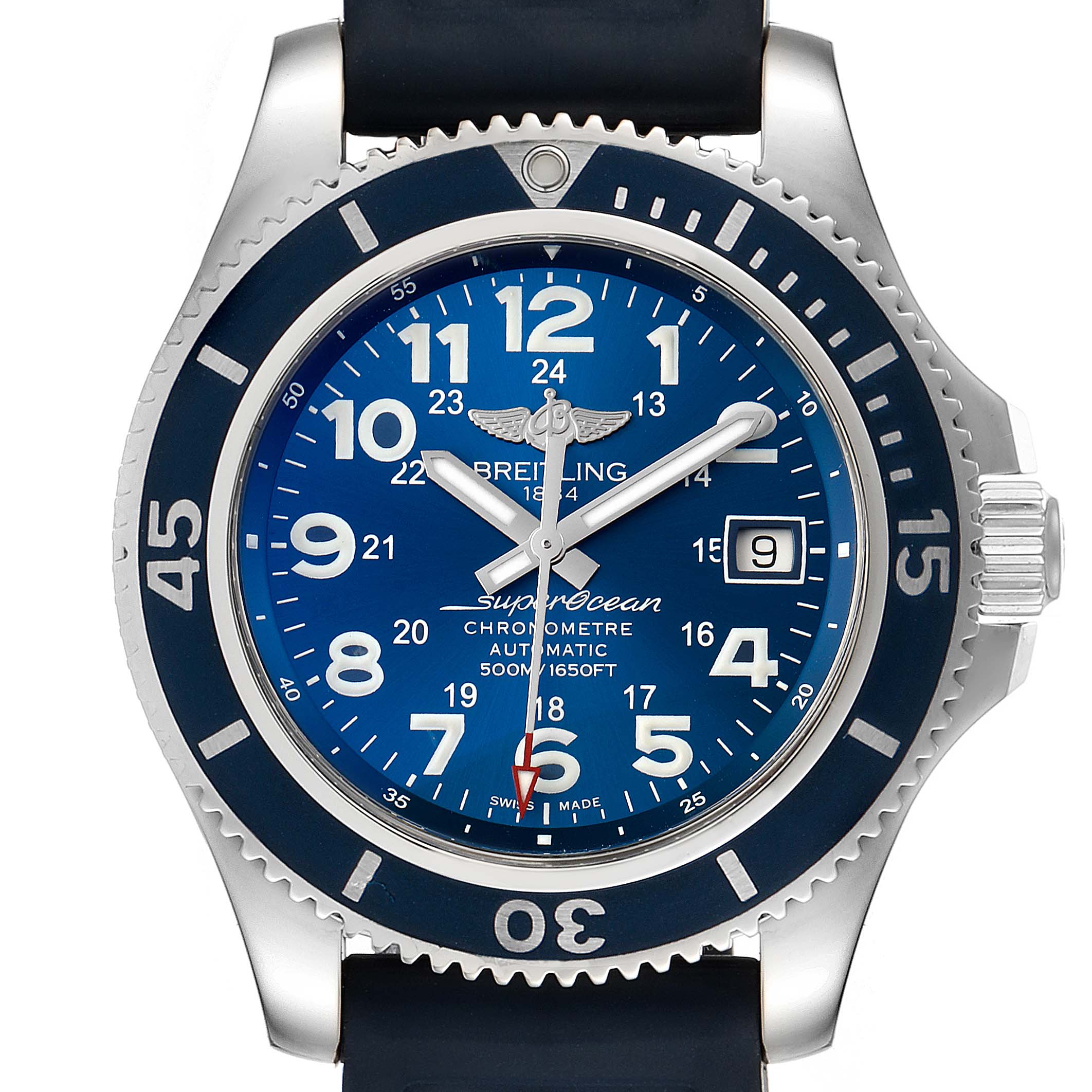 The image shows a front view of a Breitling Superocean A17365 Men's Stainless Steel Blue Dial A17365 Men's Stainless Steel Blue Dial watch, highlighting the face, bezel, crown, and part of the strap.