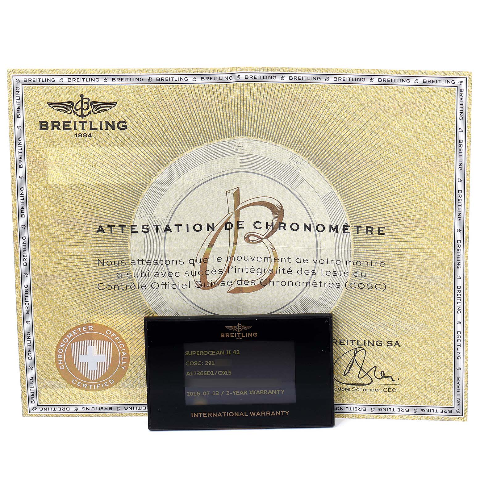 The image shows the certification and international warranty card for the Breitling Superocean A17365 Men's Stainless Steel Blue Dial A17365 Men's Stainless Steel Blue Dial model.