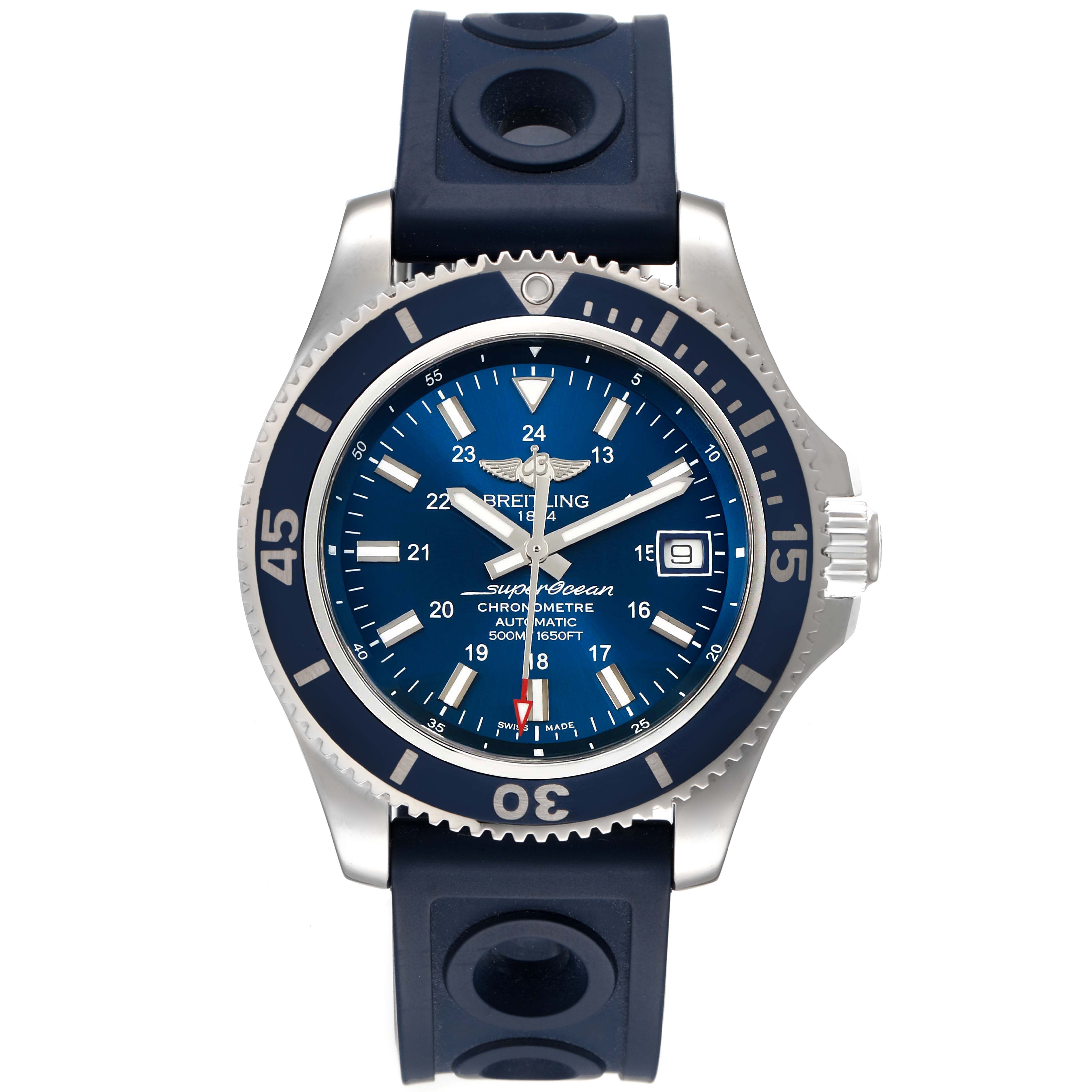The Breitling Superocean A17365 Men's Stainless Steel Blue Dial A17365 Men's Stainless Steel Blue Dial watch is shown from a front angle, displaying its blue dial, bezel, and black rubber strap.