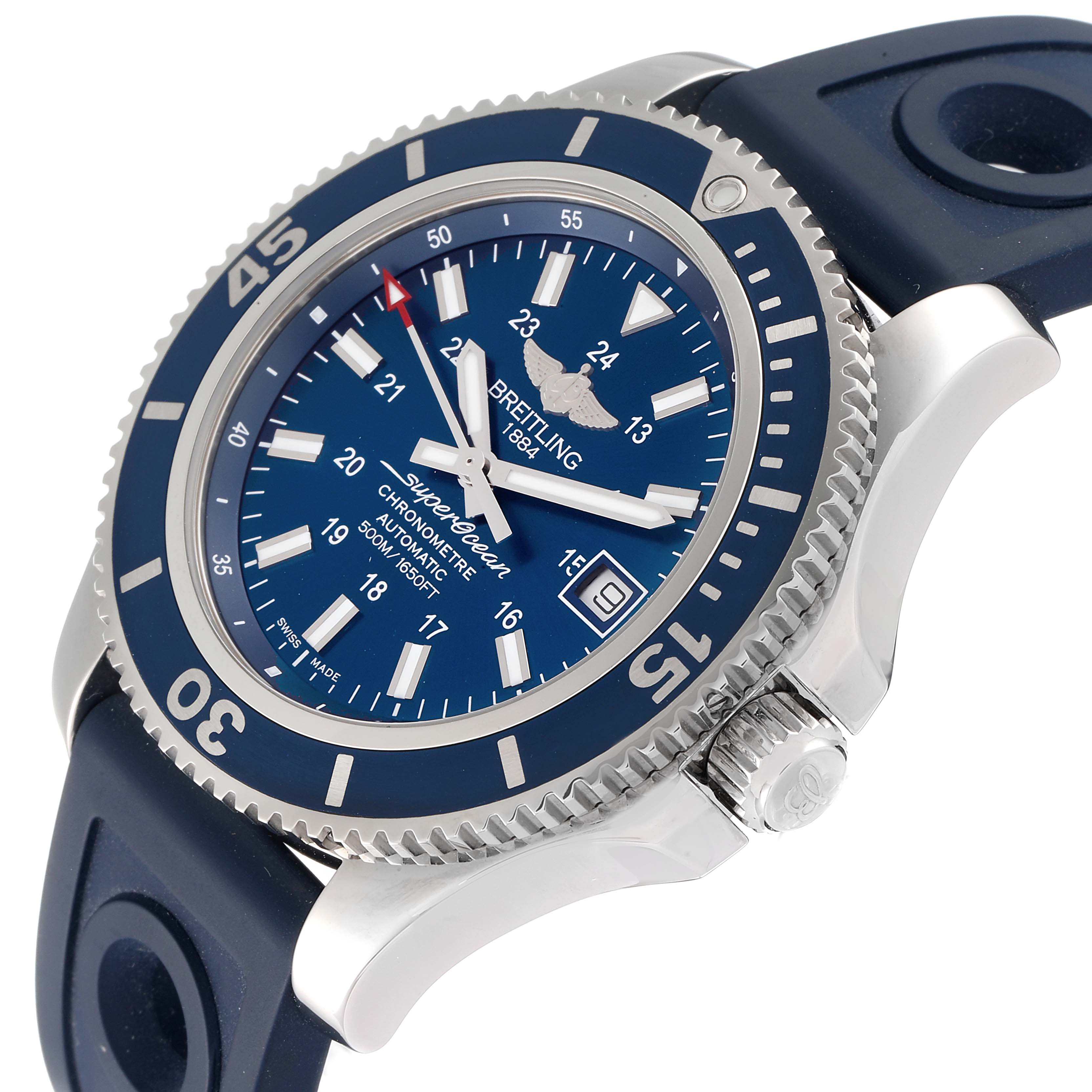 The image shows a Breitling Superocean A17365 Men's Stainless Steel Blue Dial A17365 Men's Stainless Steel Blue Dial watch at a slight angle, displaying the face, bezel, and part of the strap.
