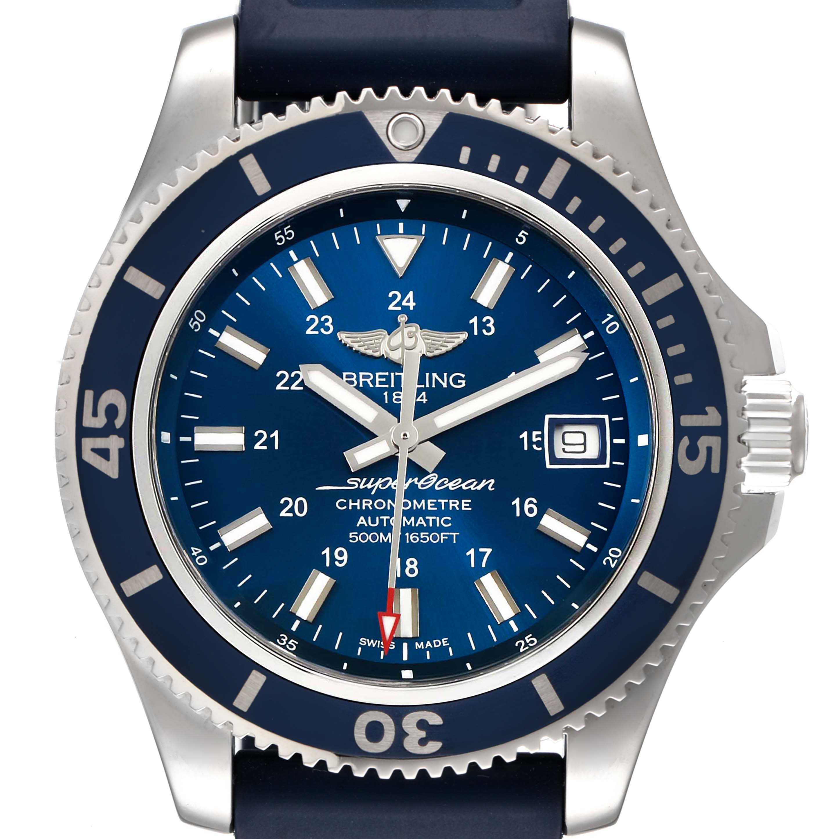 The image shows a front view of the Breitling Superocean A17365 Men's Stainless Steel Blue Dial A17365 Men's Stainless Steel Blue Dial watch, displaying the bezel, dial, hands, and crown.