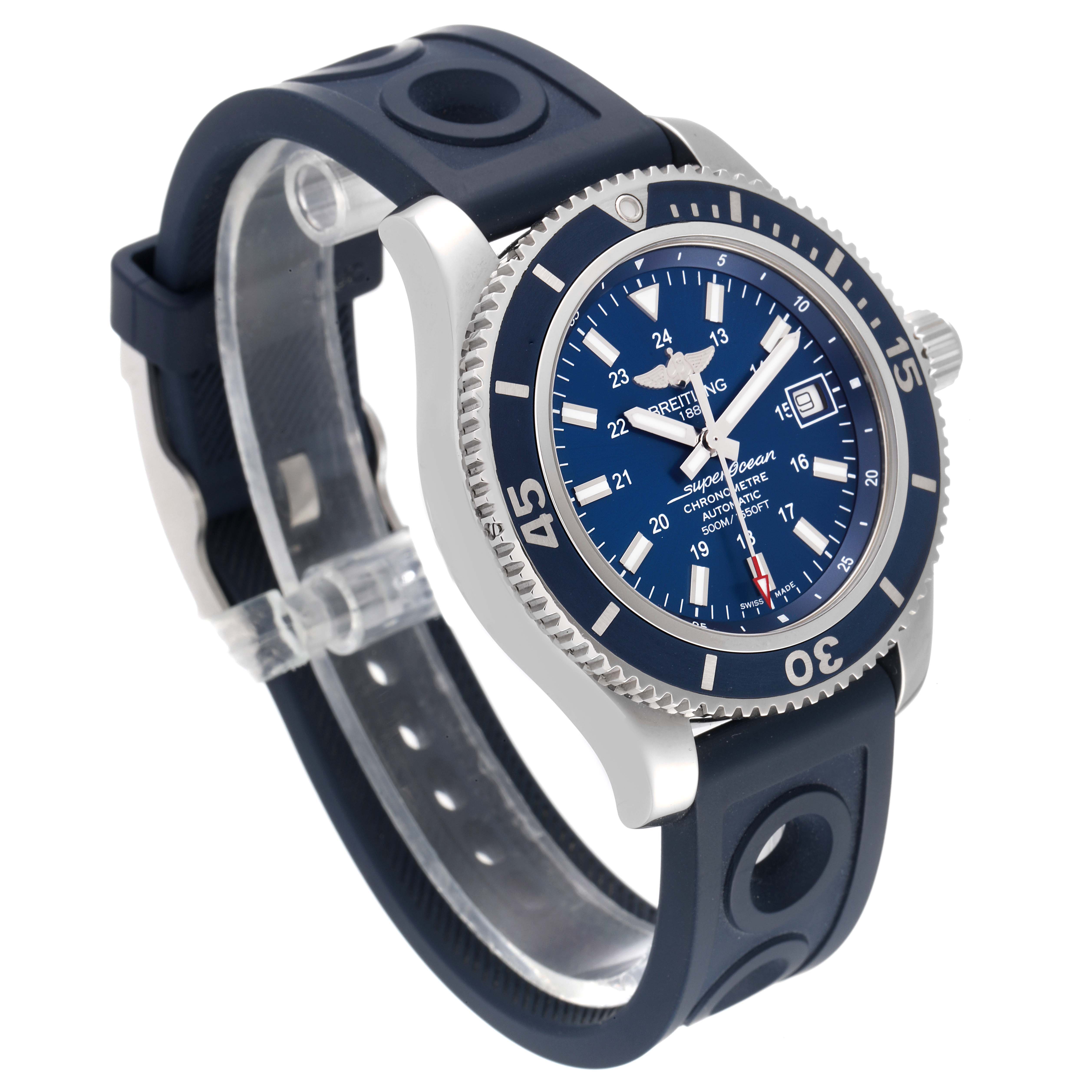 This image shows a Breitling Superocean A17365 Men's Stainless Steel Blue Dial A17365 Men's Stainless Steel Blue Dial watch at a three-quarter angle, displaying the face, bezel, and rubber strap.