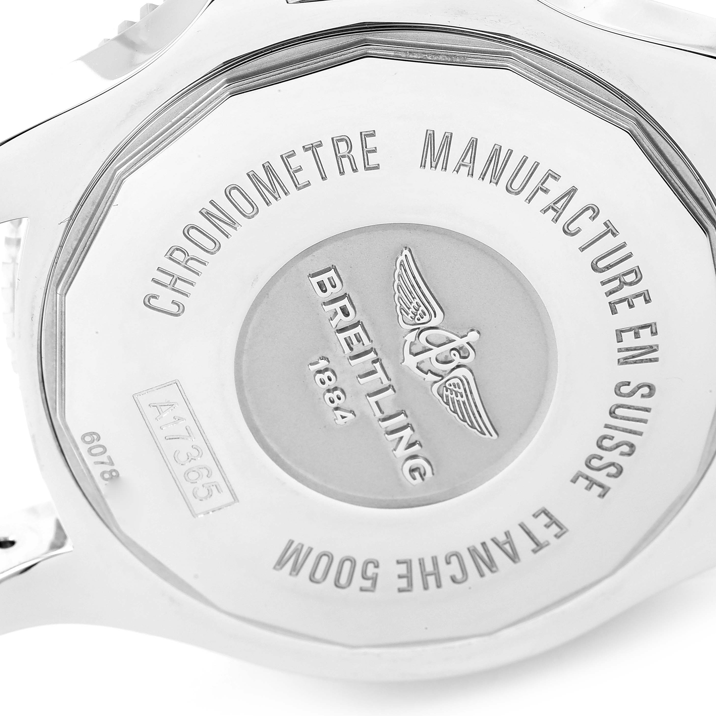 The image shows the back case of a Breitling Superocean A17365 Men's Stainless Steel Blue Dial A17365 Men's Stainless Steel Blue Dial model watch, highlighting the engraved brand details and specifications.