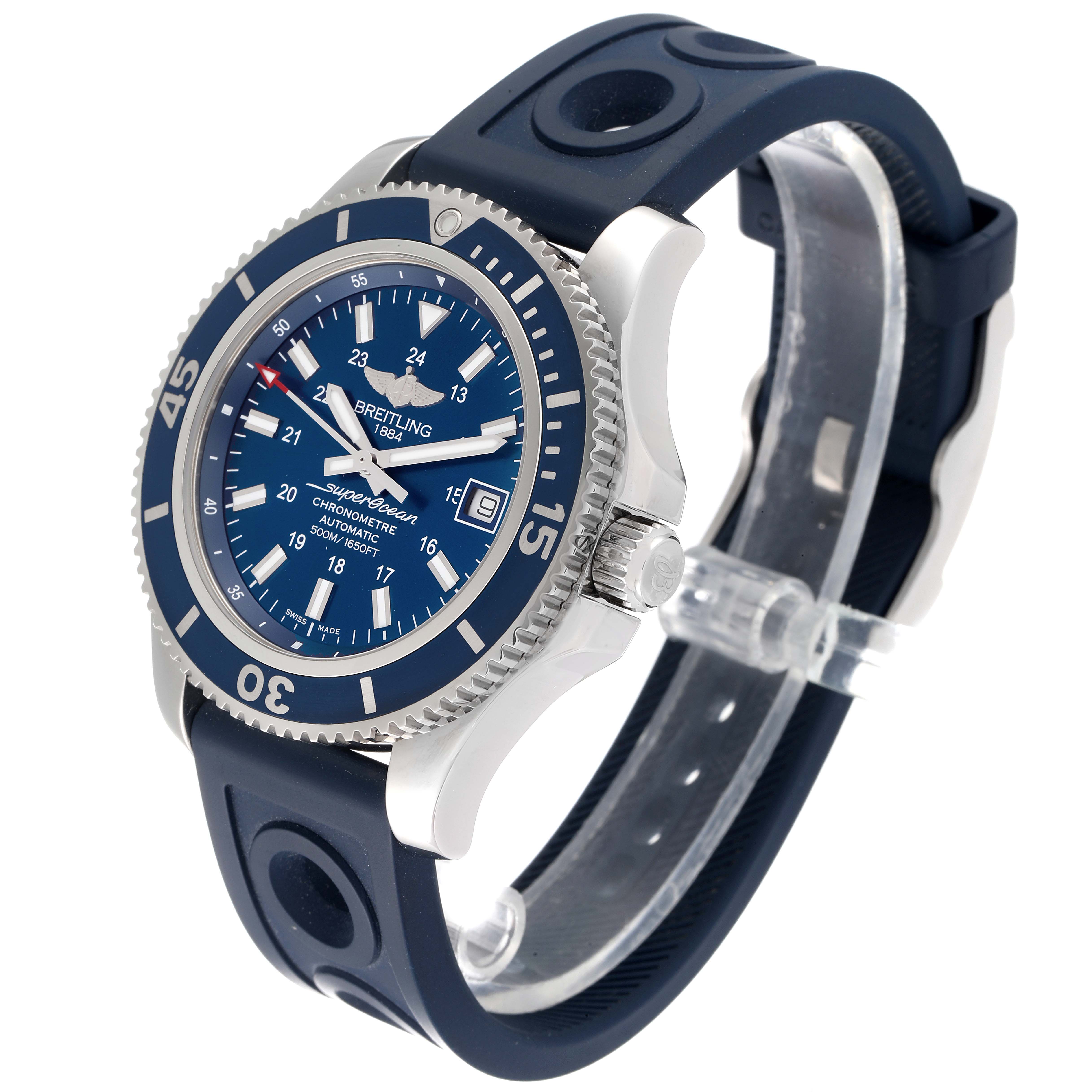 The image shows a Breitling Superocean A17365 Men's Stainless Steel Blue Dial A17365 Men's Stainless Steel Blue Dial watch at a three-quarter angle, highlighting its blue dial, bezel, case, and rubber strap.
