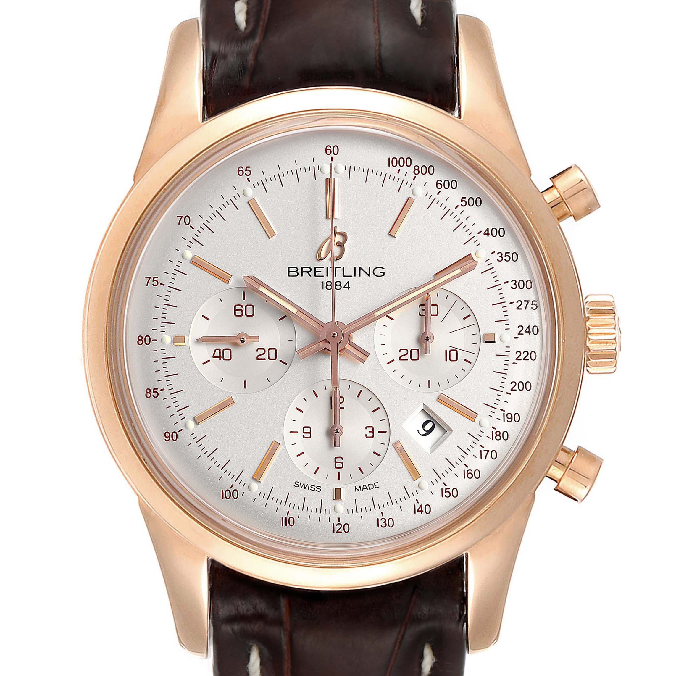This image shows a front view of the Breitling Transocean RB0152 Men
s Rose Gold Silver Dial RB0152 Men
s Rose Gold Silver Dial watch, highlighting its dial, subdials, and crown.