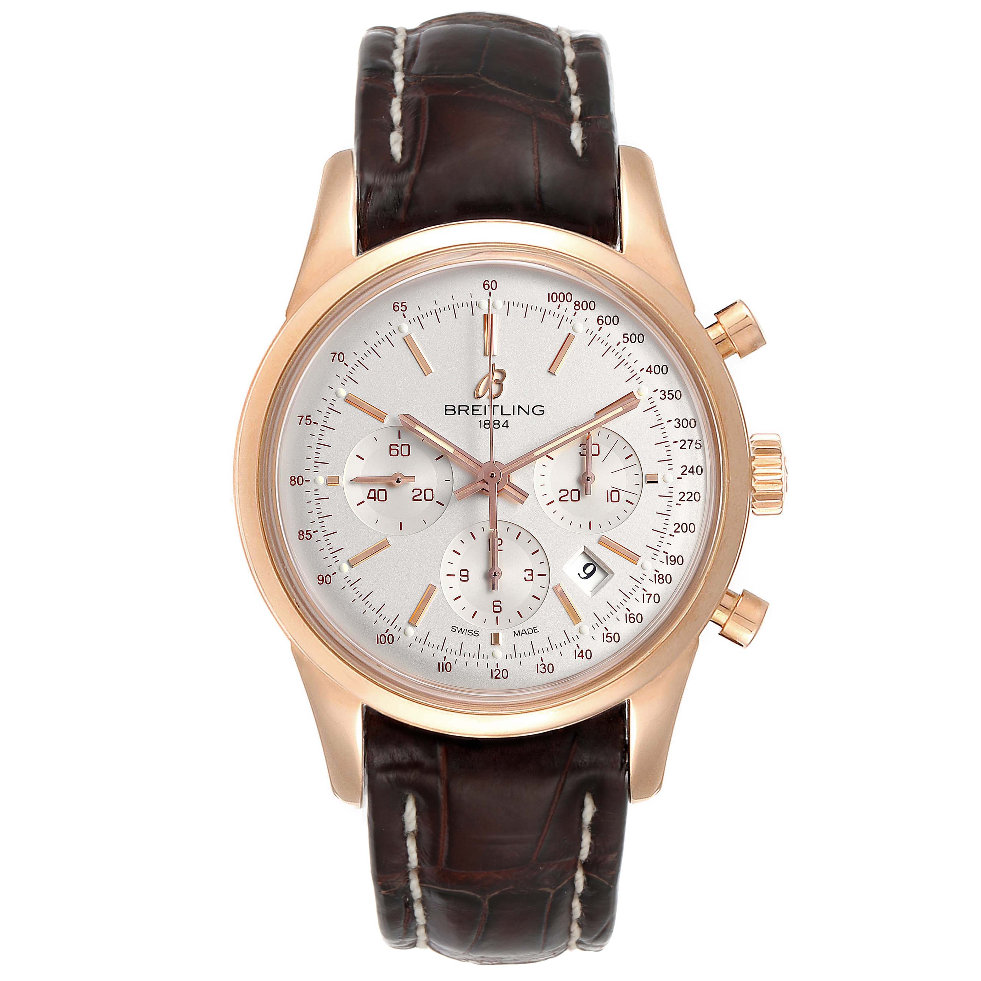 The image shows a front view of the Breitling Transocean RB0152 Men
s Rose Gold Silver Dial RB0152 Men
s Rose Gold Silver Dial watch, highlighting its dial, hands, subdials, and leather strap.