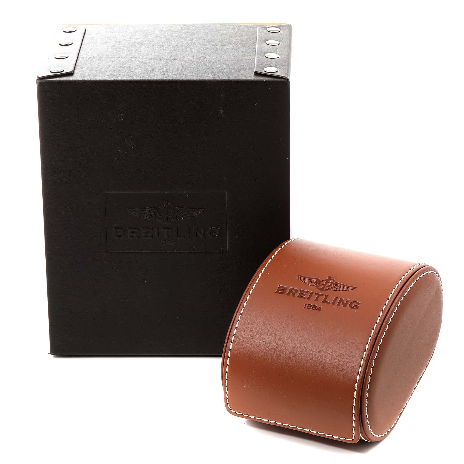 The image shows the black and brown packaging box for the Breitling Transocean RB0152 Men
s Rose Gold Silver Dial RB0152 Men
s Rose Gold Silver Dial watch, viewed from the front angle.