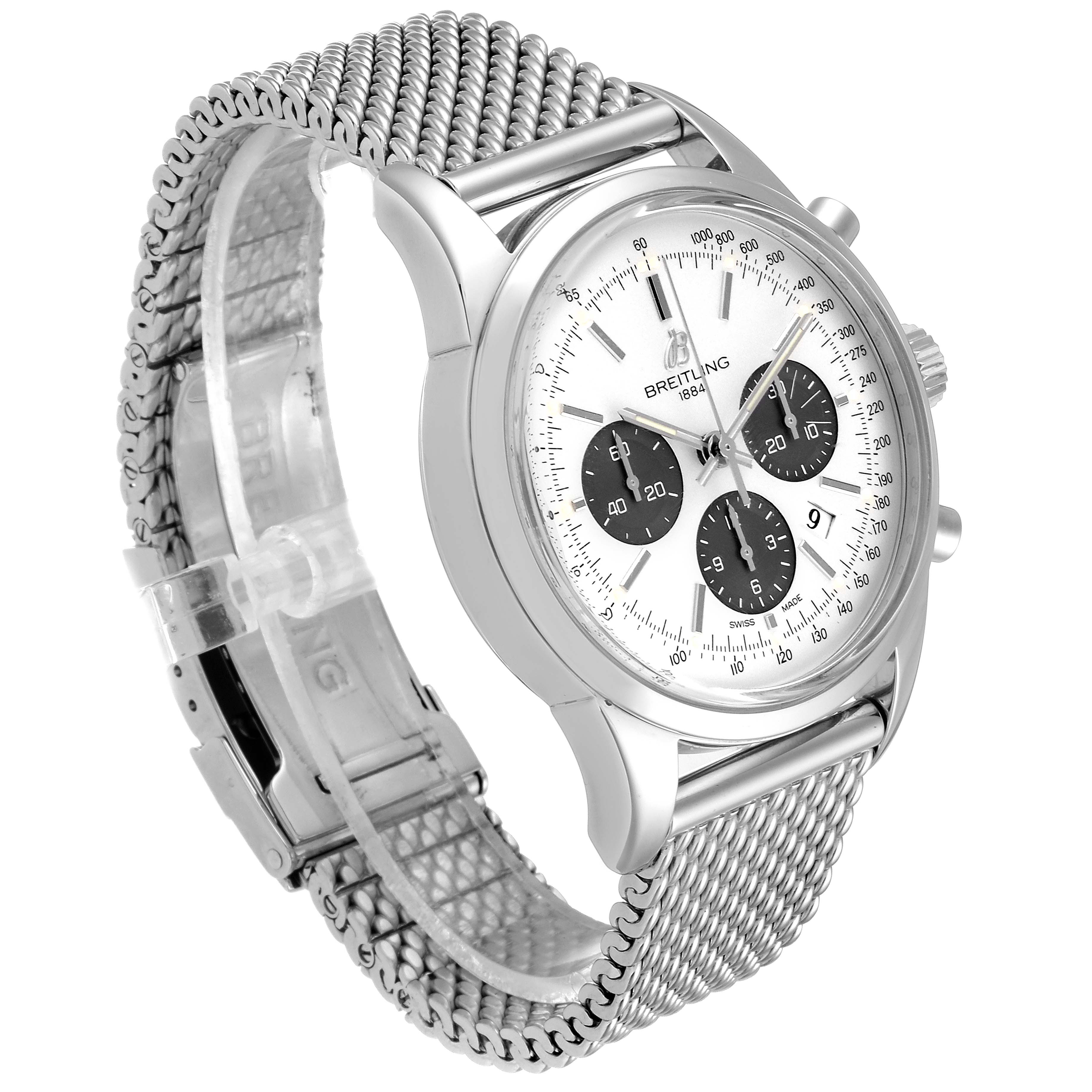 This image shows a Breitling Transocean AB015212/G724 Men
s Stainless Steel Silver Dial AB015212/G724 Men
s Stainless Steel Silver Dial watch at a three-quarter angle, highlighting its face, chronograph dials, and mesh bracelet.
