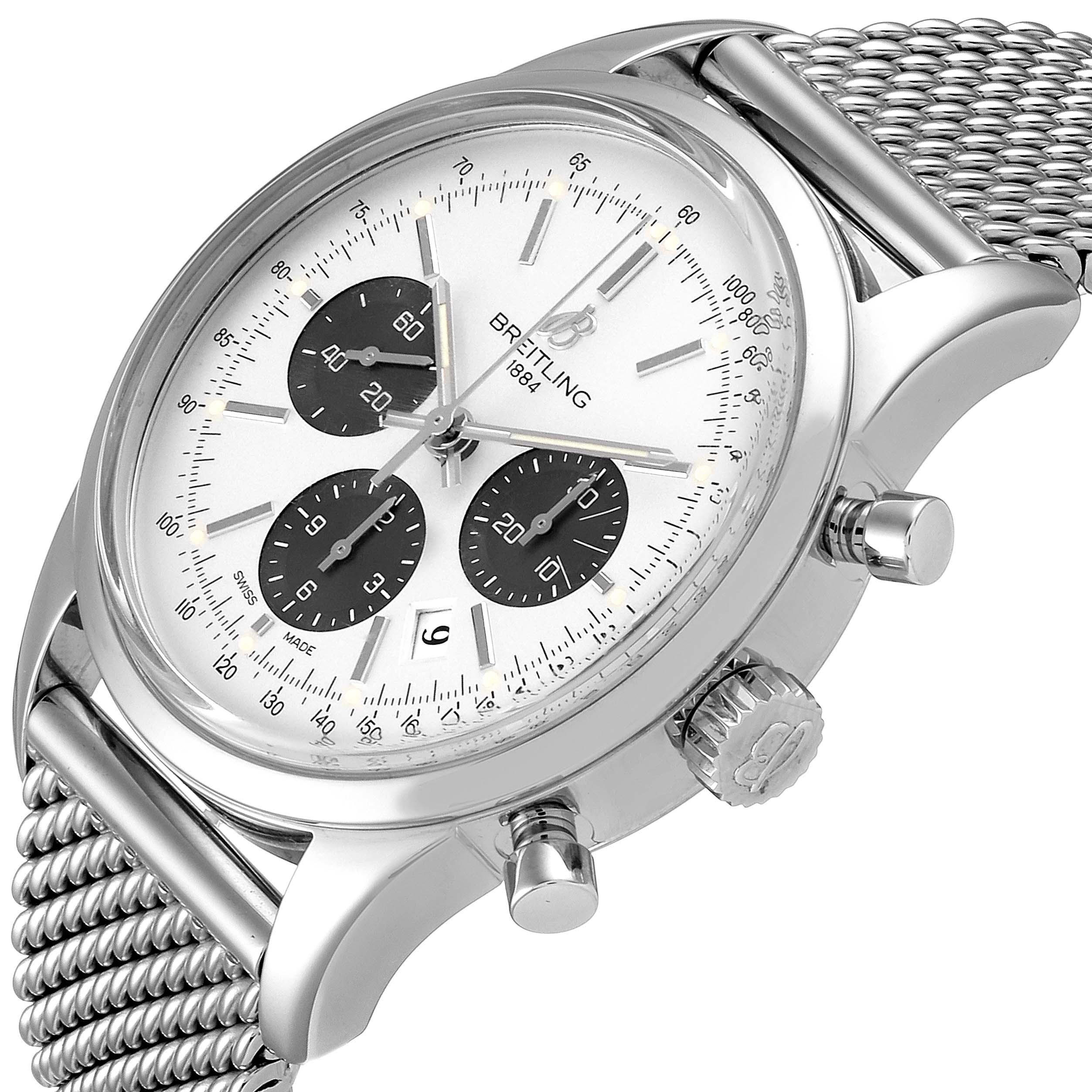 This image shows a close-up side angle of the Breitling Transocean AB015212/G724 Men
s Stainless Steel Silver Dial AB015212/G724 Men
s Stainless Steel Silver Dial watch, highlighting the dial, crown, chronograph buttons, and steel mesh bracelet.