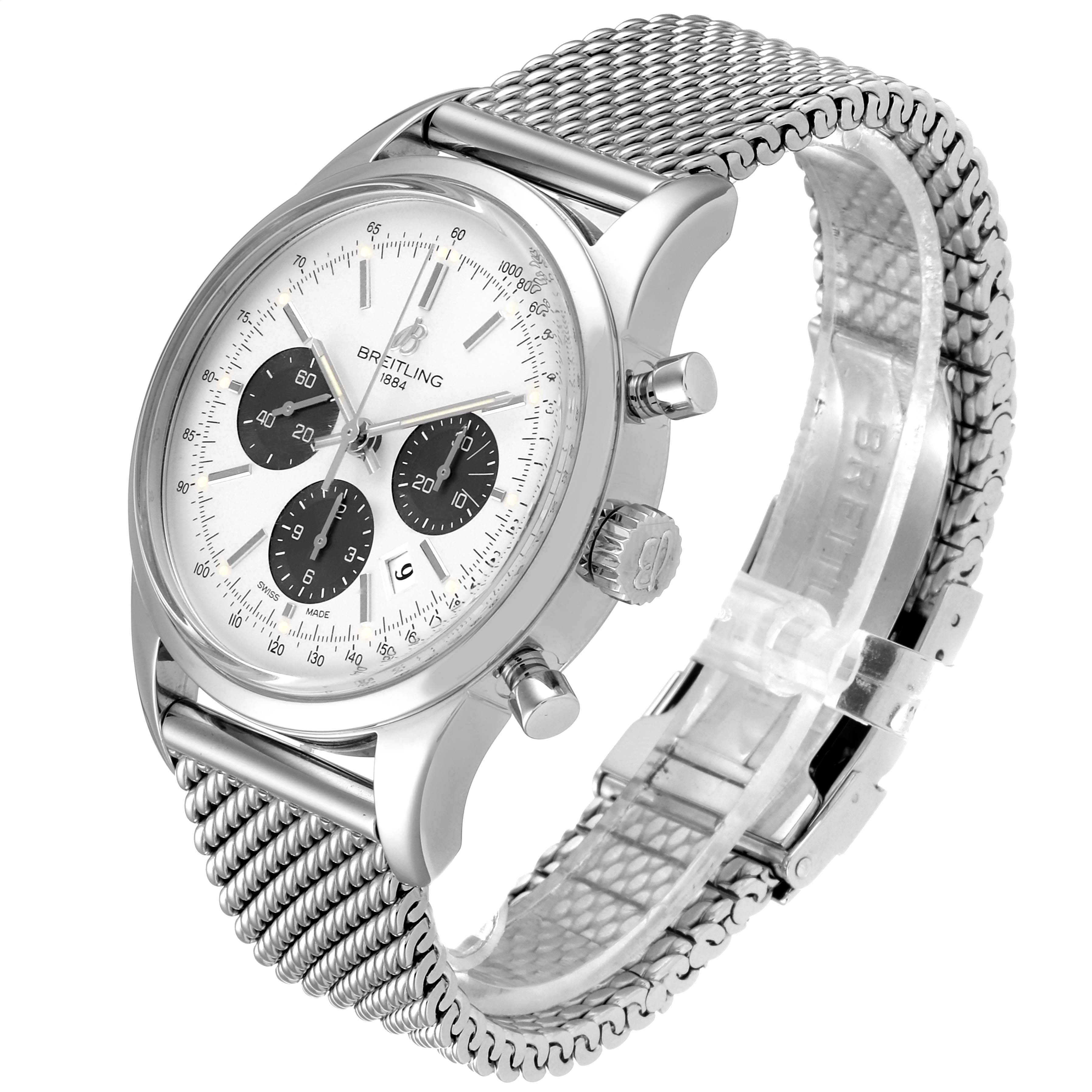 This image shows a Breitling Transocean AB015212/G724 Men
s Stainless Steel Silver Dial AB015212/G724 Men
s Stainless Steel Silver Dial watch at an angled view, focusing on the face, crown, and stainless steel mesh band.