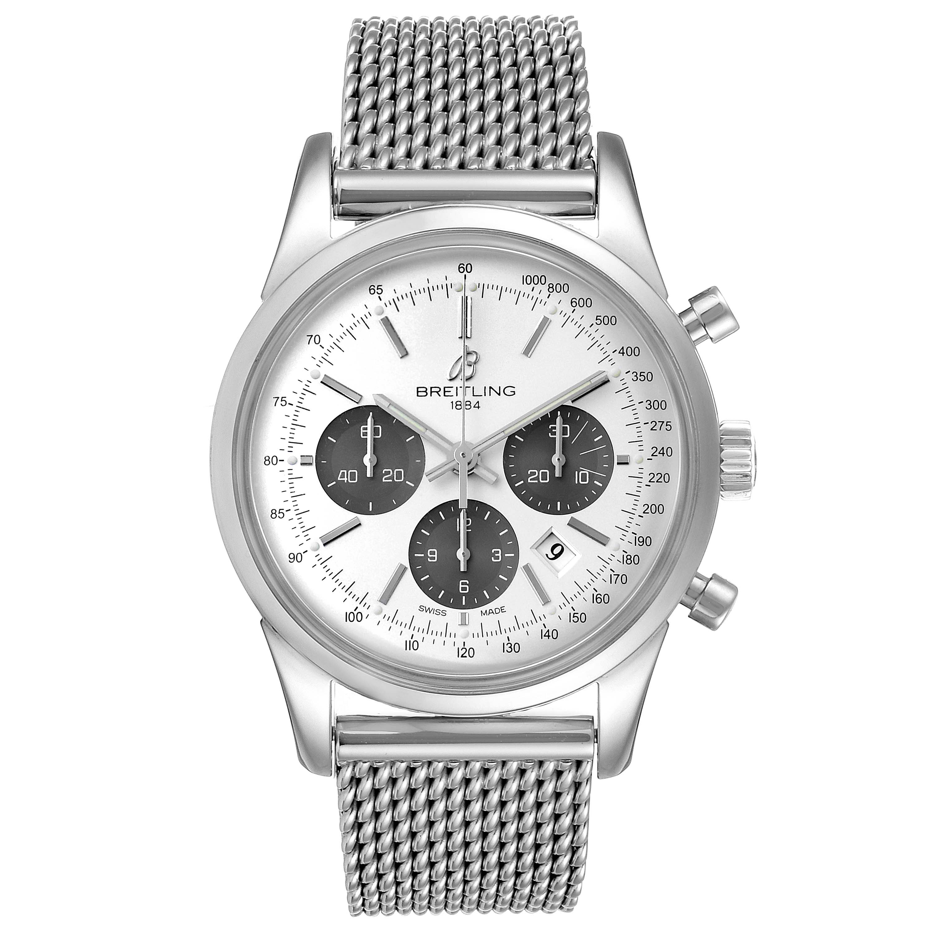 The image shows a front view of a Breitling Transocean AB015212/G724 Men
s Stainless Steel Silver Dial AB015212/G724 Men
s Stainless Steel Silver Dial watch, highlighting its dial, chronograph subdials, and mesh bracelet.