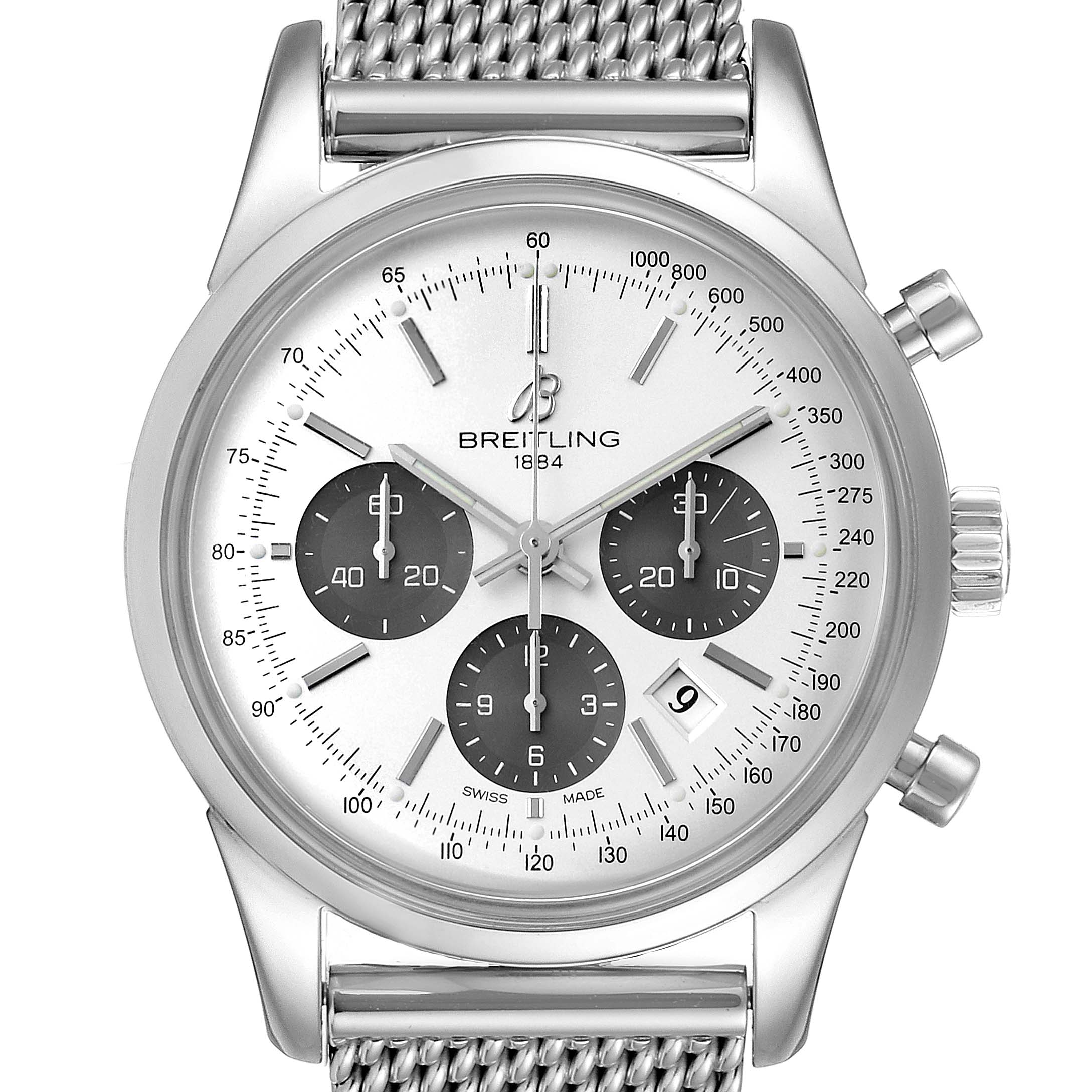 The Breitling Transocean AB015212/G724 Men
s Stainless Steel Silver Dial AB015212/G724 Men
s Stainless Steel Silver Dial watch is shown from a front angle, featuring the dial, bezel, chronograph subdials, and mesh strap.