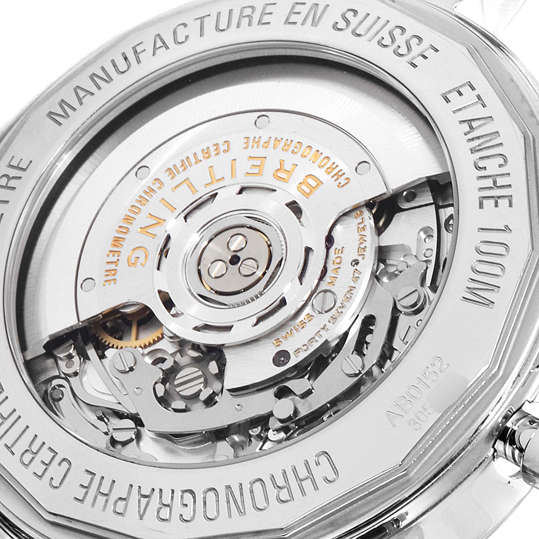 This image shows the back view of a Breitling Transocean AB015212/G724 Men
s Stainless Steel Silver Dial AB015212/G724 Men
s Stainless Steel Silver Dial watch, highlighting its mechanism and engravings.