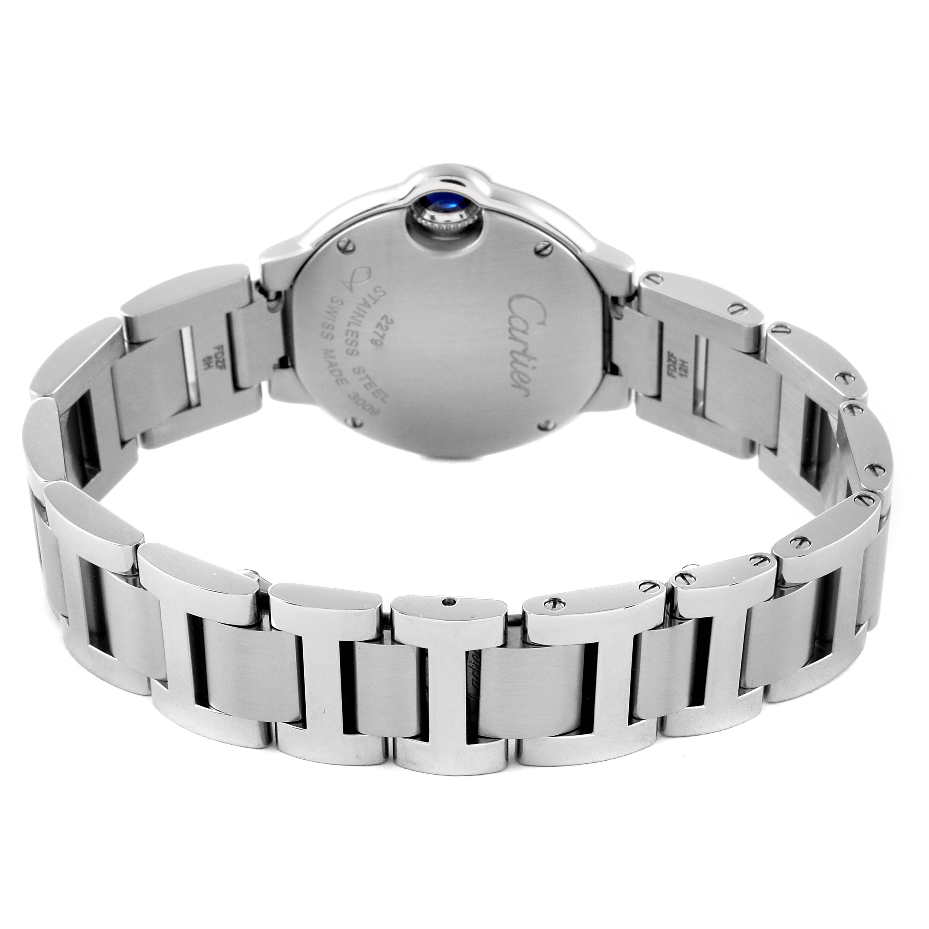 The image shows the back view of the Cartier Ballon Bleu W69010Z4 Women's Stainless Steel Silver Dial W69010Z4 Women's Stainless Steel Silver Dial watch, highlighting its case back and metal bracelet.