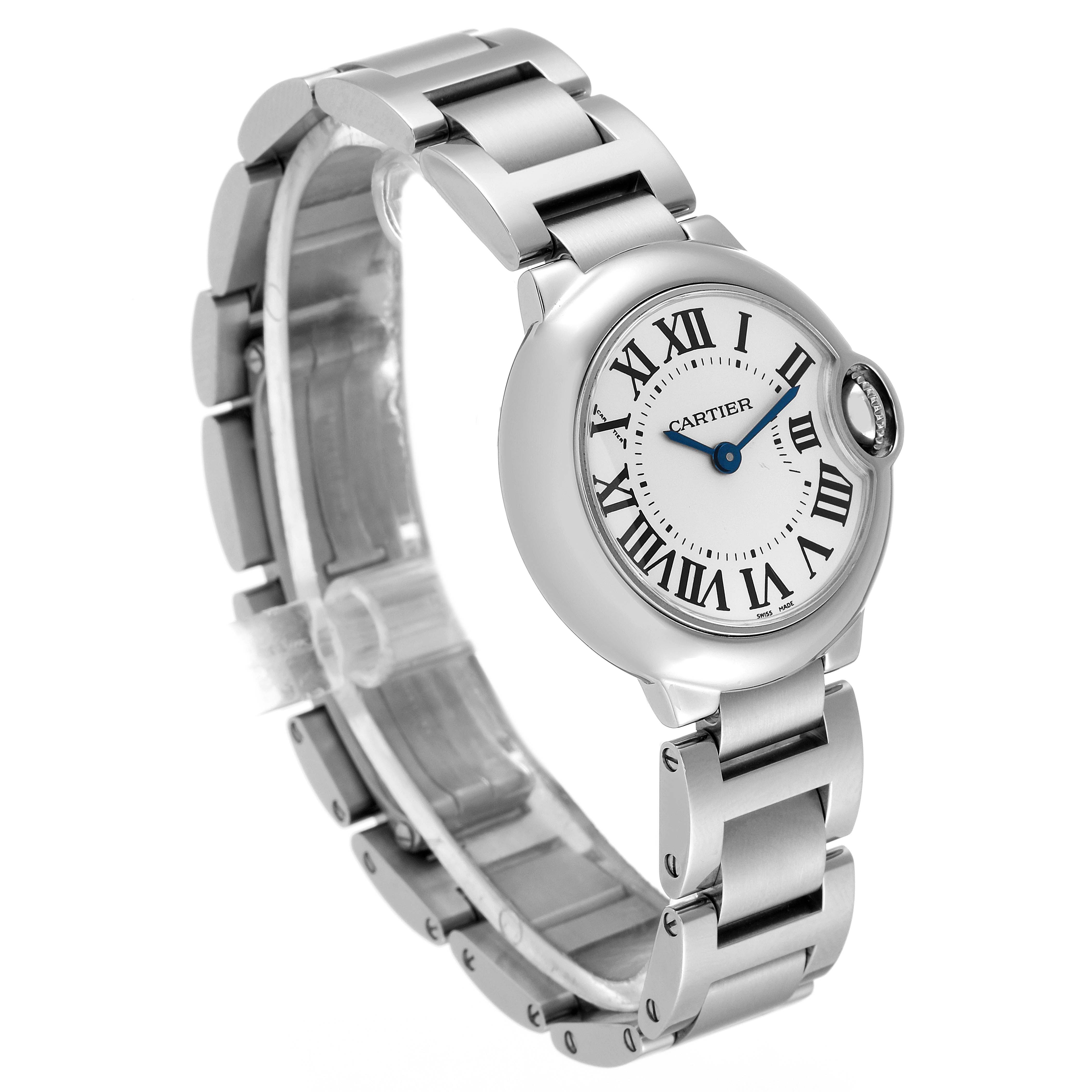 The image shows a Cartier Ballon Bleu W69010Z4 Women's Stainless Steel Silver Dial W69010Z4 Women's Stainless Steel Silver Dial watch at a three-quarter angle, highlighting its face, bracelet, and crown.