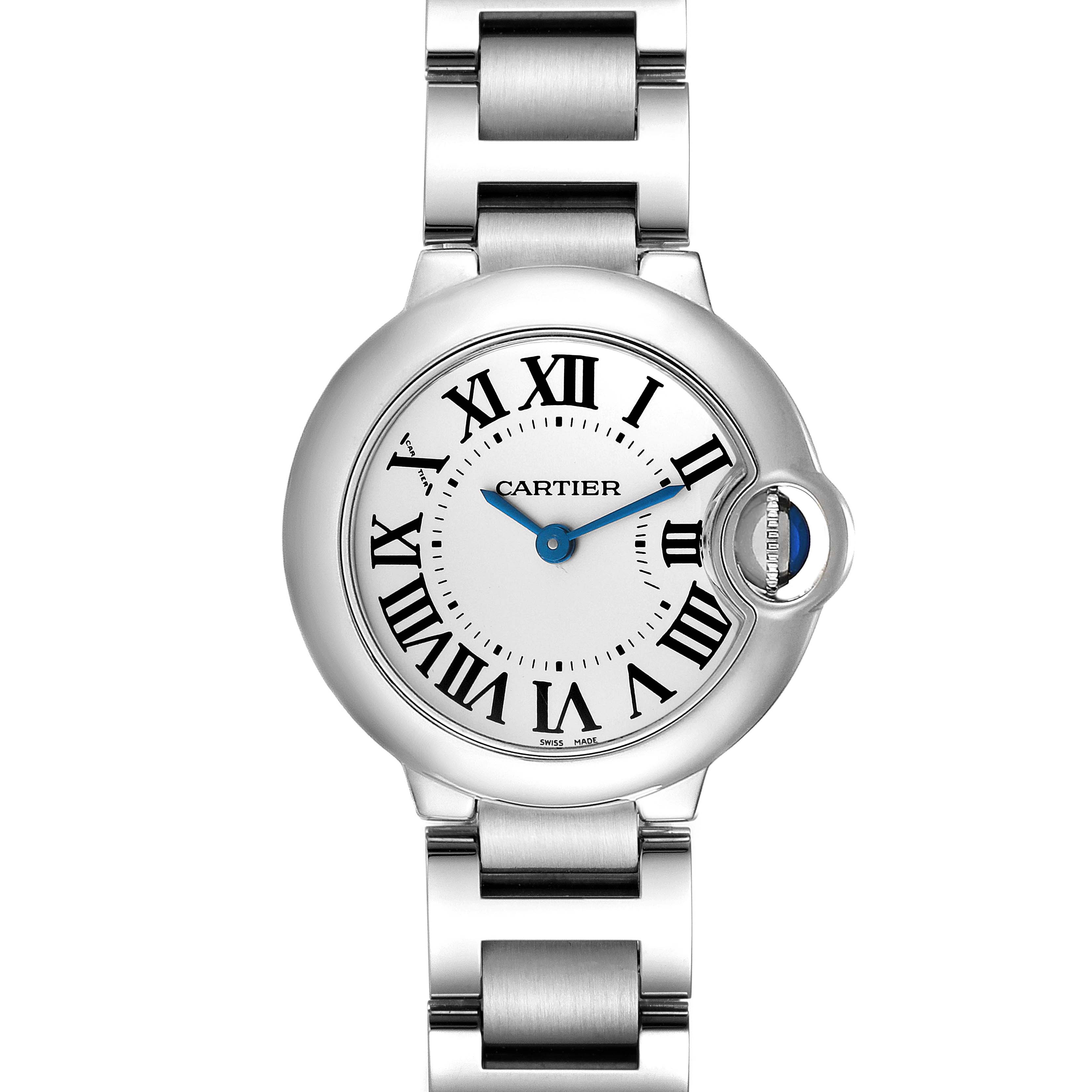 The image shows a front-facing view of the Ballon Bleu watch by Cartier, featuring the watch face and part of the bracelet.