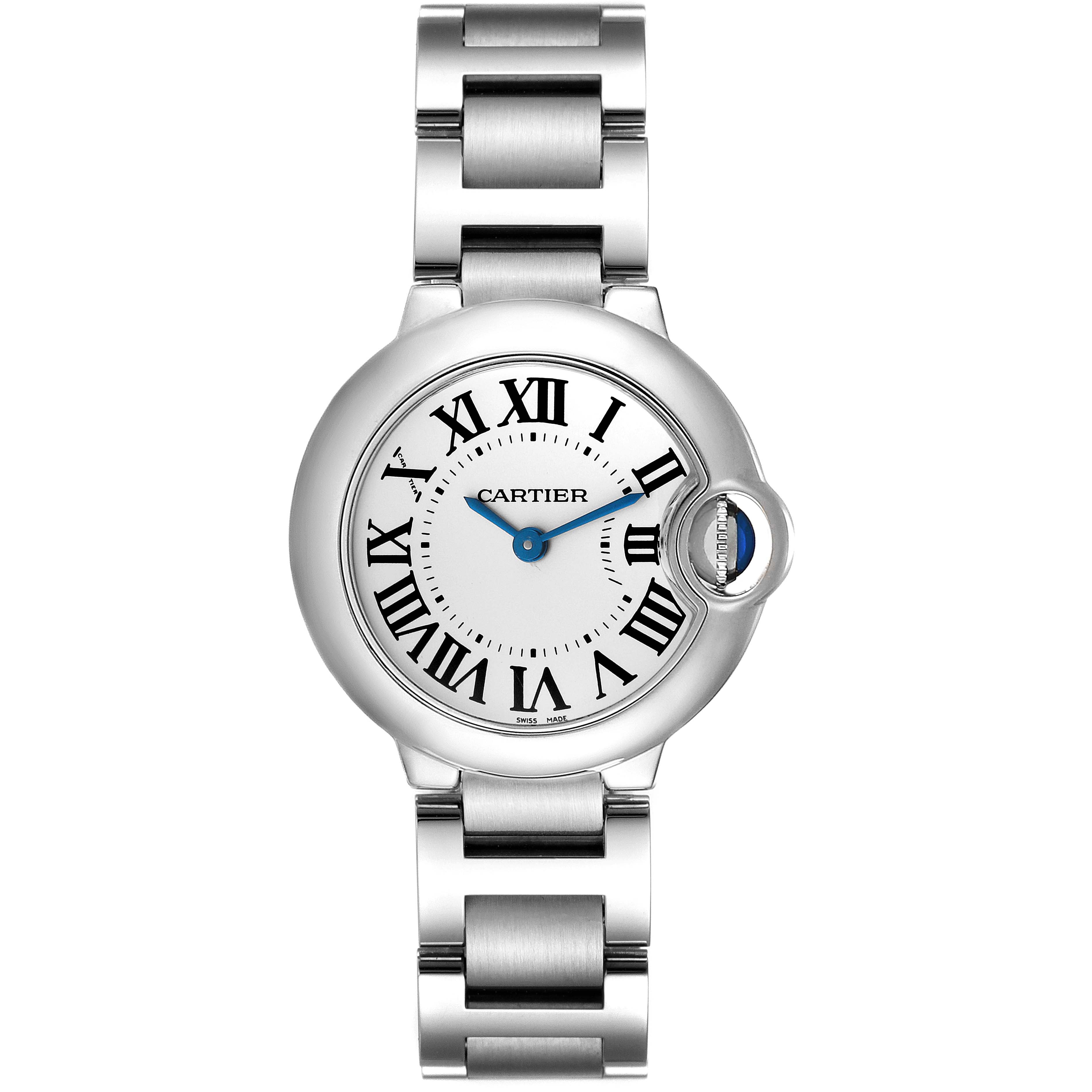 The image shows a front view of the Cartier Ballon Bleu W69010Z4 Women's Stainless Steel Silver Dial W69010Z4 Women's Stainless Steel Silver Dial watch, highlighting its face, Roman numerals, and metal bracelet.