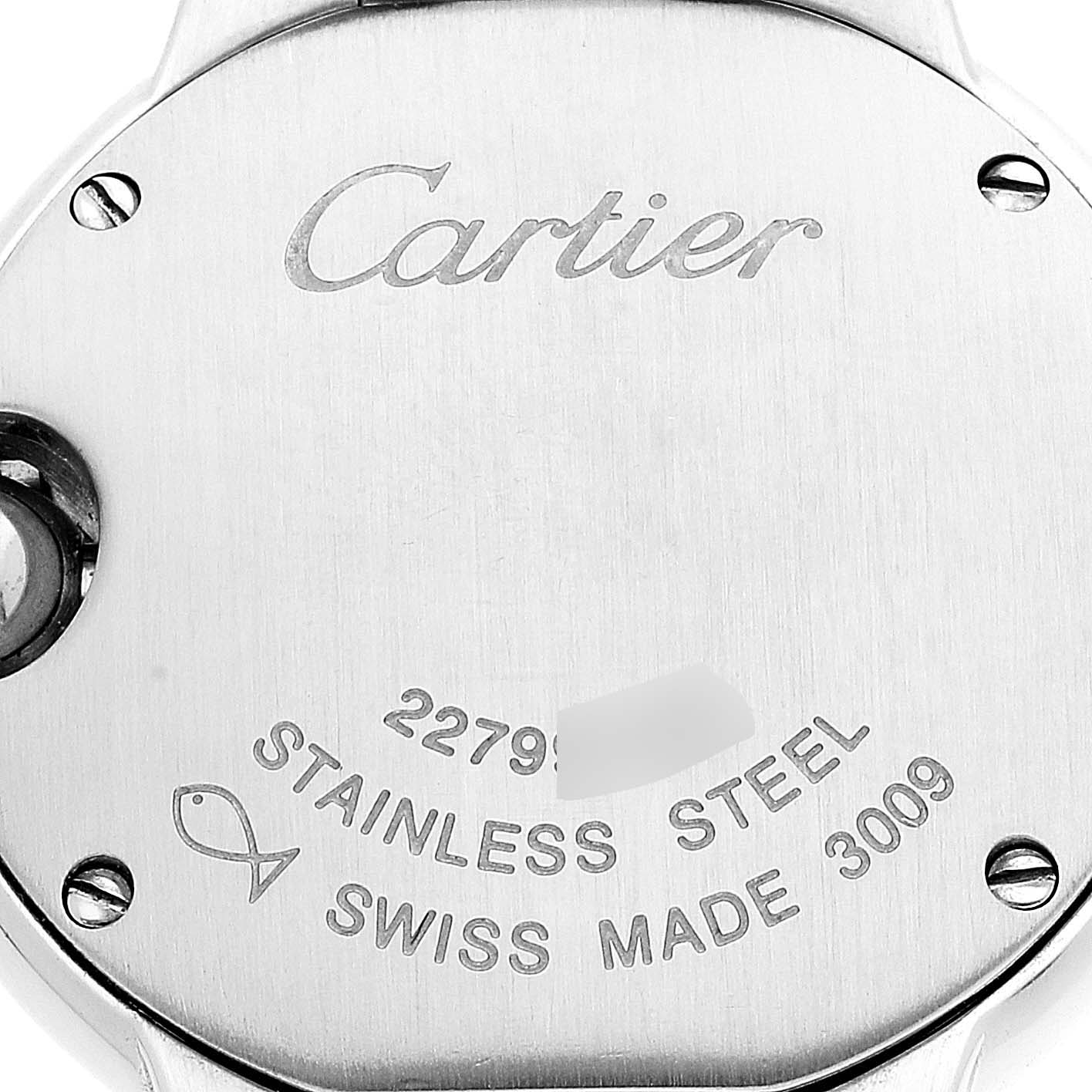 This image shows the back casing and engraved details of a Cartier Ballon Bleu W69010Z4 Women's Stainless Steel Silver Dial W69010Z4 Women's Stainless Steel Silver Dial watch.