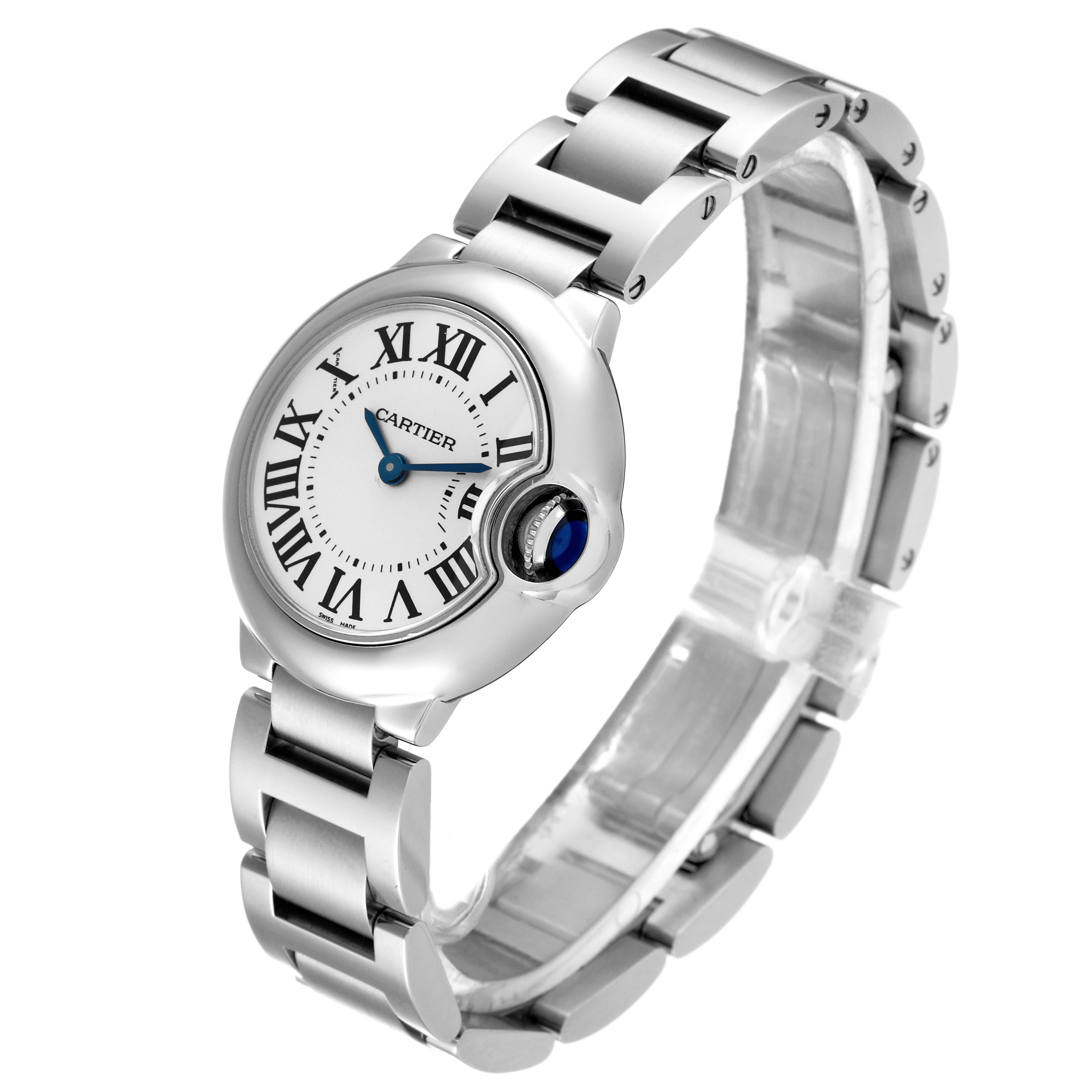 The image shows a side-angle view of the Cartier Ballon Bleu W69010Z4 Women's Stainless Steel Silver Dial W69010Z4 Women's Stainless Steel Silver Dial watch, highlighting the face, crown, and metal bracelet.