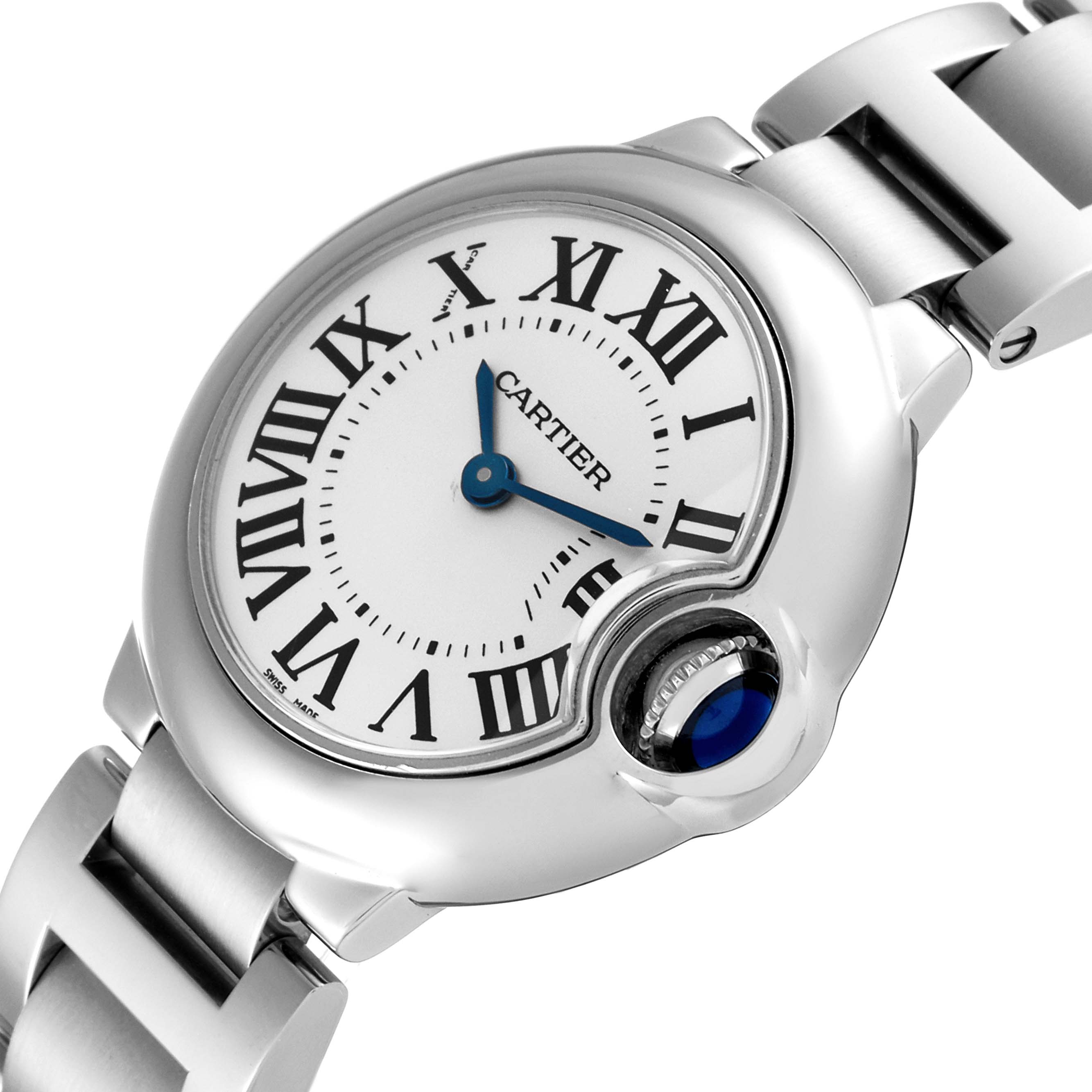The image shows a close-up of the Cartier Ballon Bleu W69010Z4 Women's Stainless Steel Silver Dial W69010Z4 Women's Stainless Steel Silver Dial watch face and a segment of its metal bracelet.