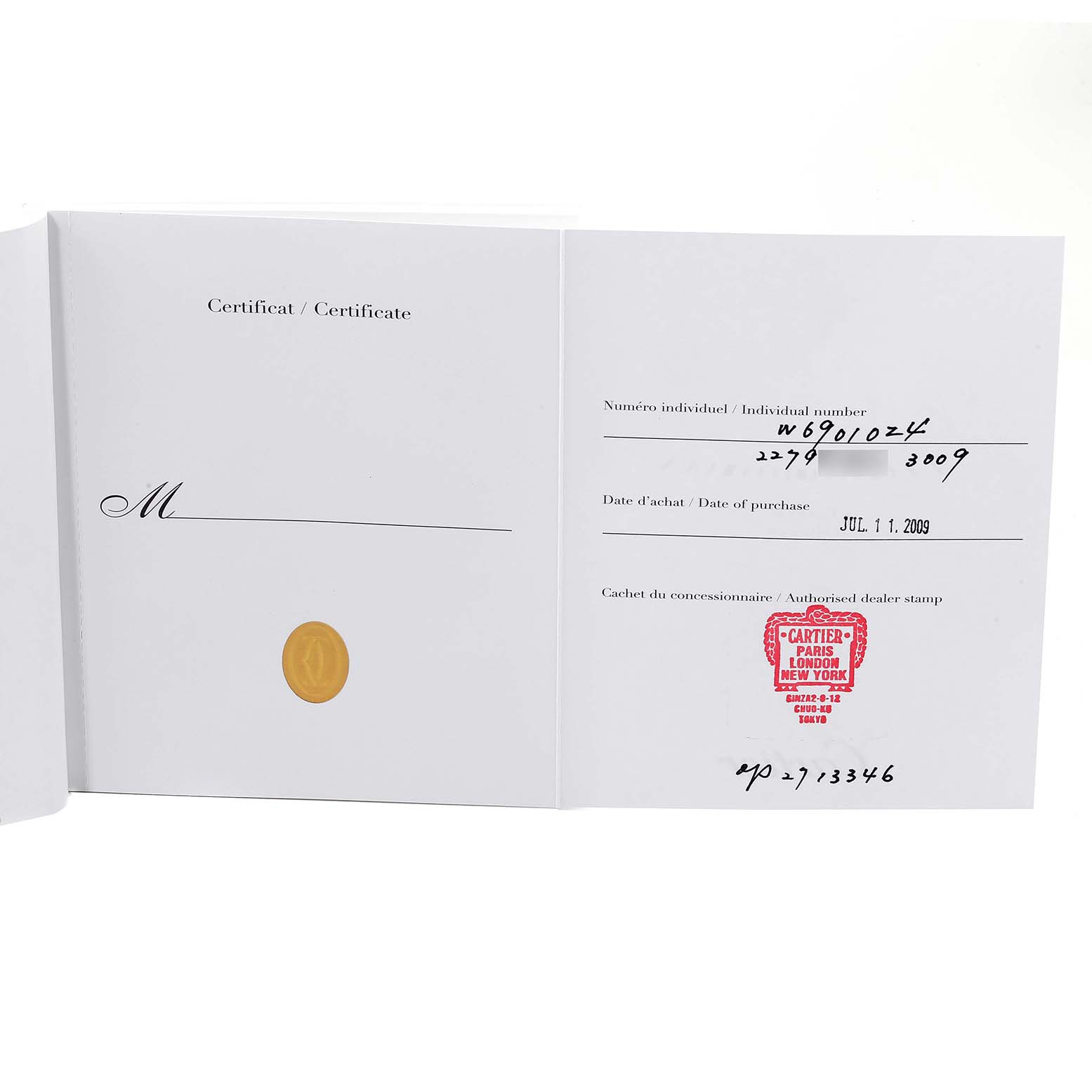 This image shows the authenticity certificate and purchase details for a Ballon Bleu model by Cartier.