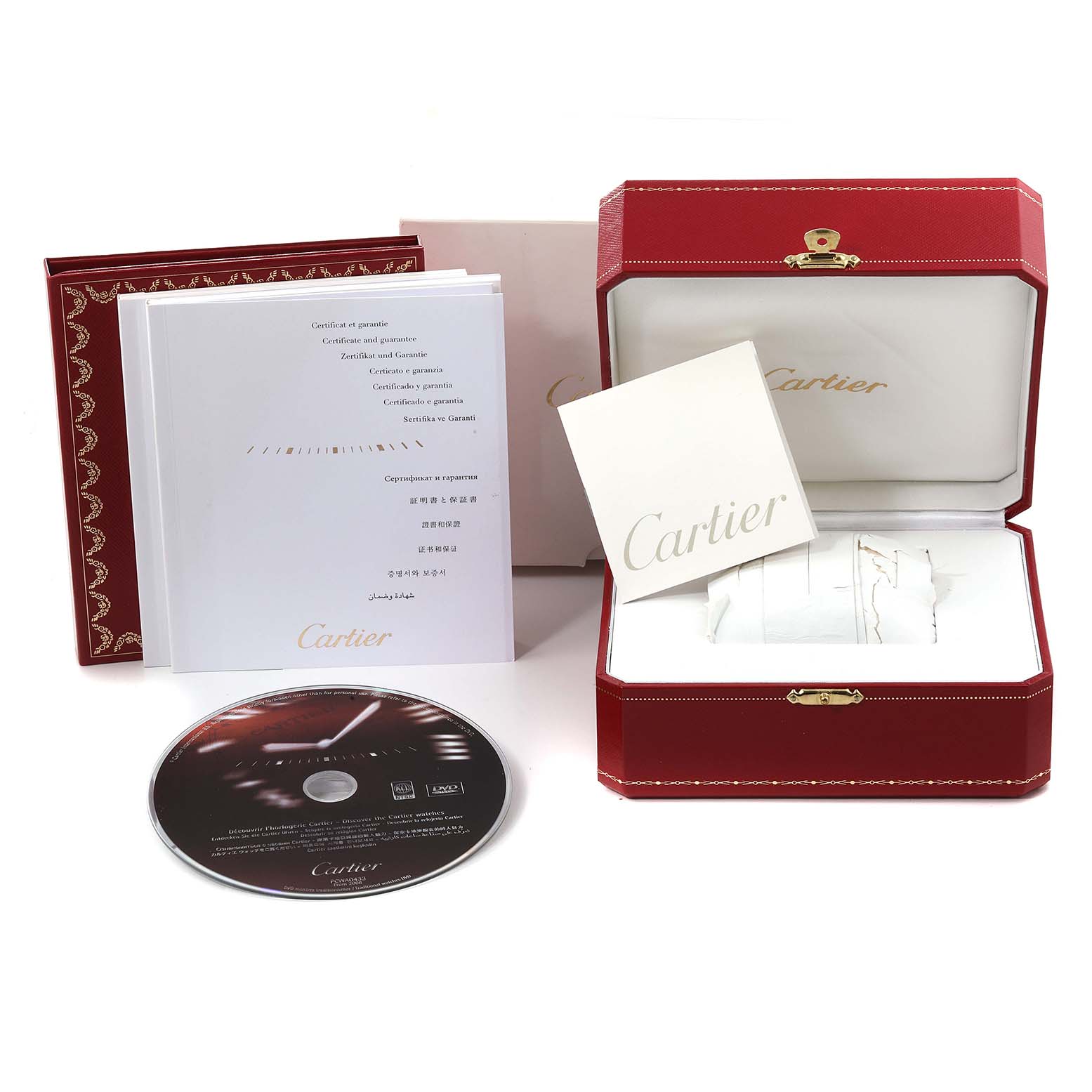 The image shows Cartier Ballon Bleu W69010Z4 Women's Stainless Steel Silver Dial W69010Z4 Women's Stainless Steel Silver Dial packaging, including a red box, documents, and a CD, viewed from a front-facing angle.