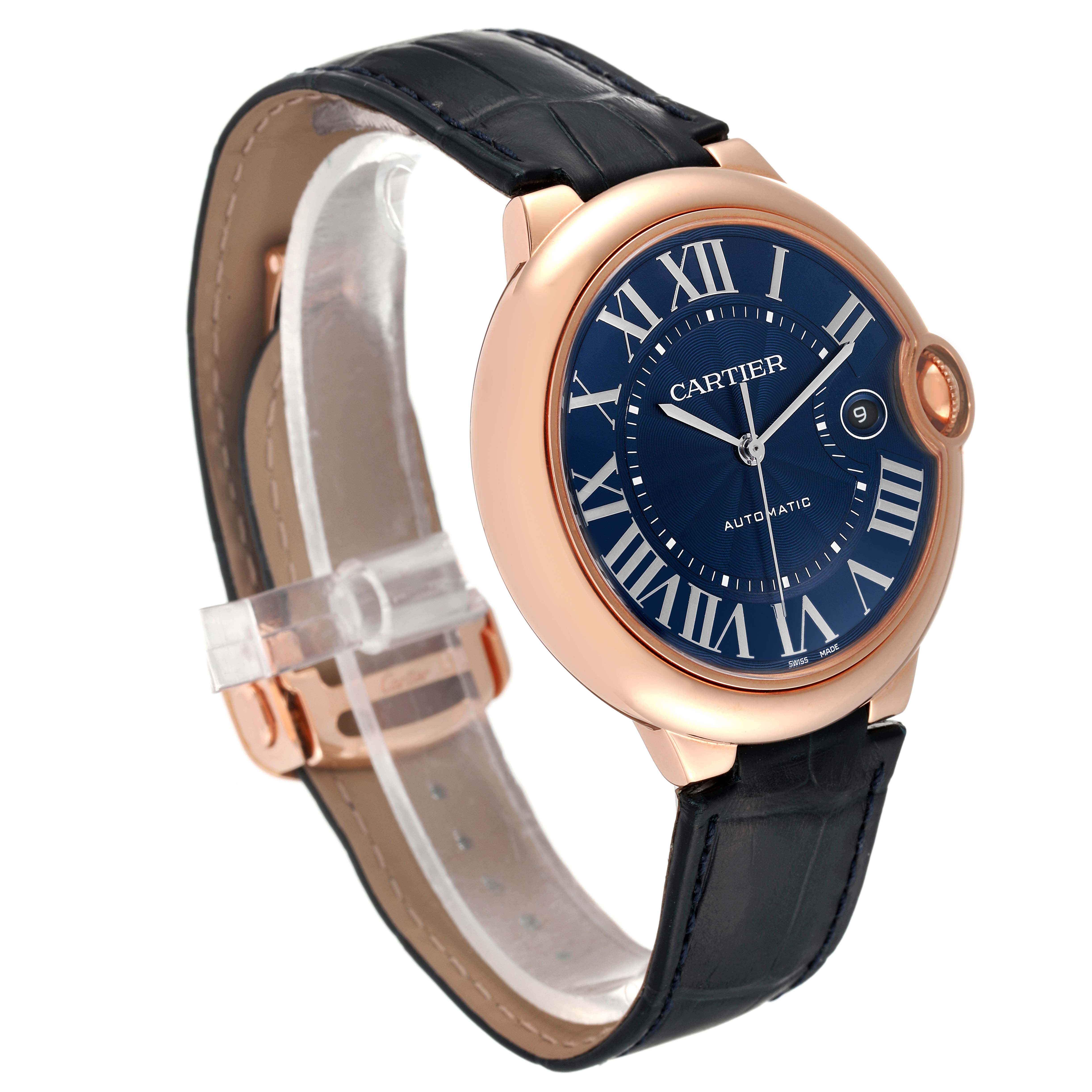 The image shows a side angle of the Cartier Ballon Bleu WGBB0036 Men's Rose Gold Blue Dial WGBB0036 Men's Rose Gold Blue Dial watch, highlighting its blue dial, gold case, and black leather strap.