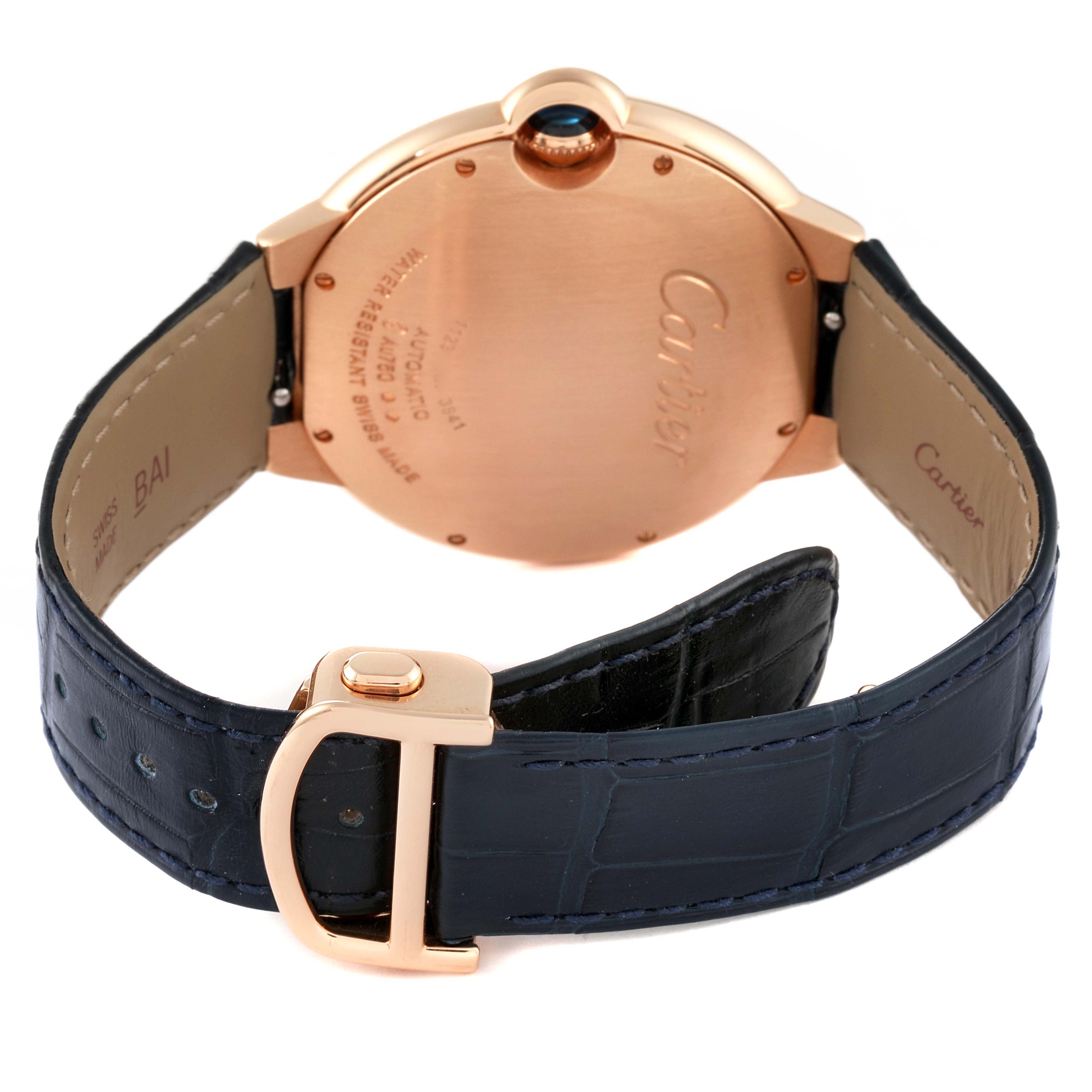 The image shows the back of a Cartier Ballon Bleu WGBB0036 Men's Rose Gold Blue Dial WGBB0036 Men's Rose Gold Blue Dial watch, including the case back, crown, and leather strap with a buckle.