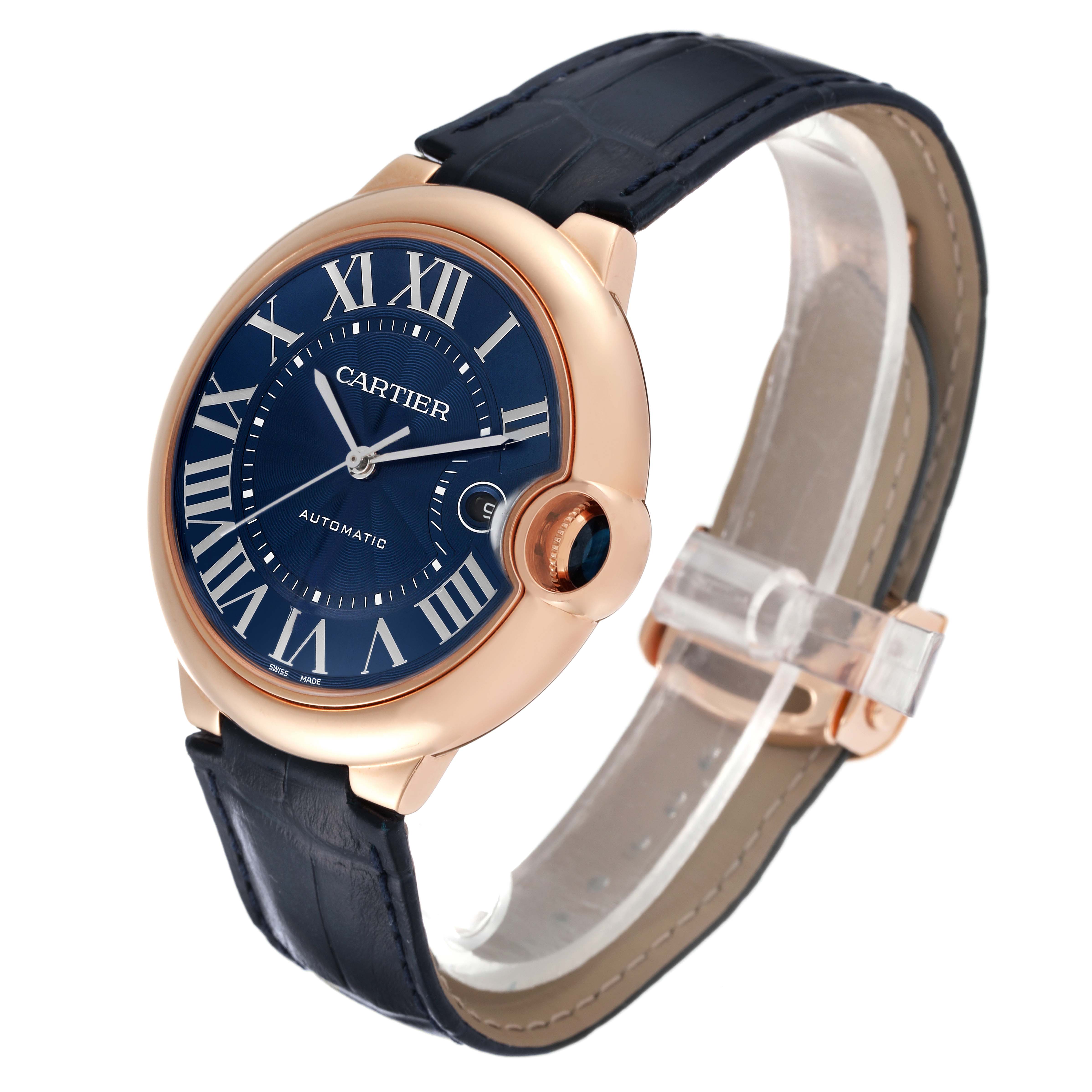 The image shows a Cartier Ballon Bleu WGBB0036 Men's Rose Gold Blue Dial WGBB0036 Men's Rose Gold Blue Dial watch from a front angle, displaying its face, case, crown, and strap.