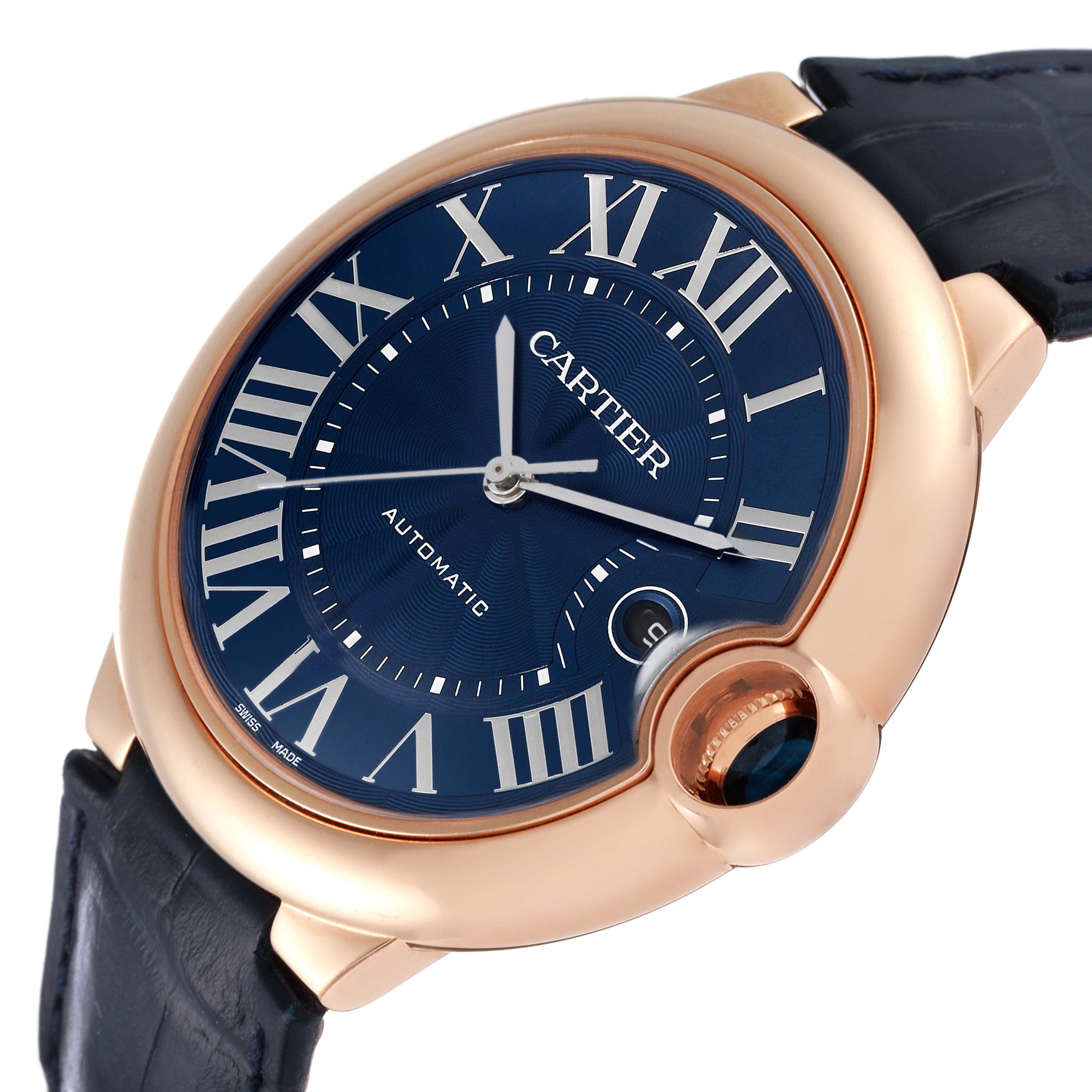 This image shows a close-up of the Cartier Ballon Bleu WGBB0036 Men's Rose Gold Blue Dial WGBB0036 Men's Rose Gold Blue Dial watch, highlighting the blue Roman numeral dial and gold casing.
