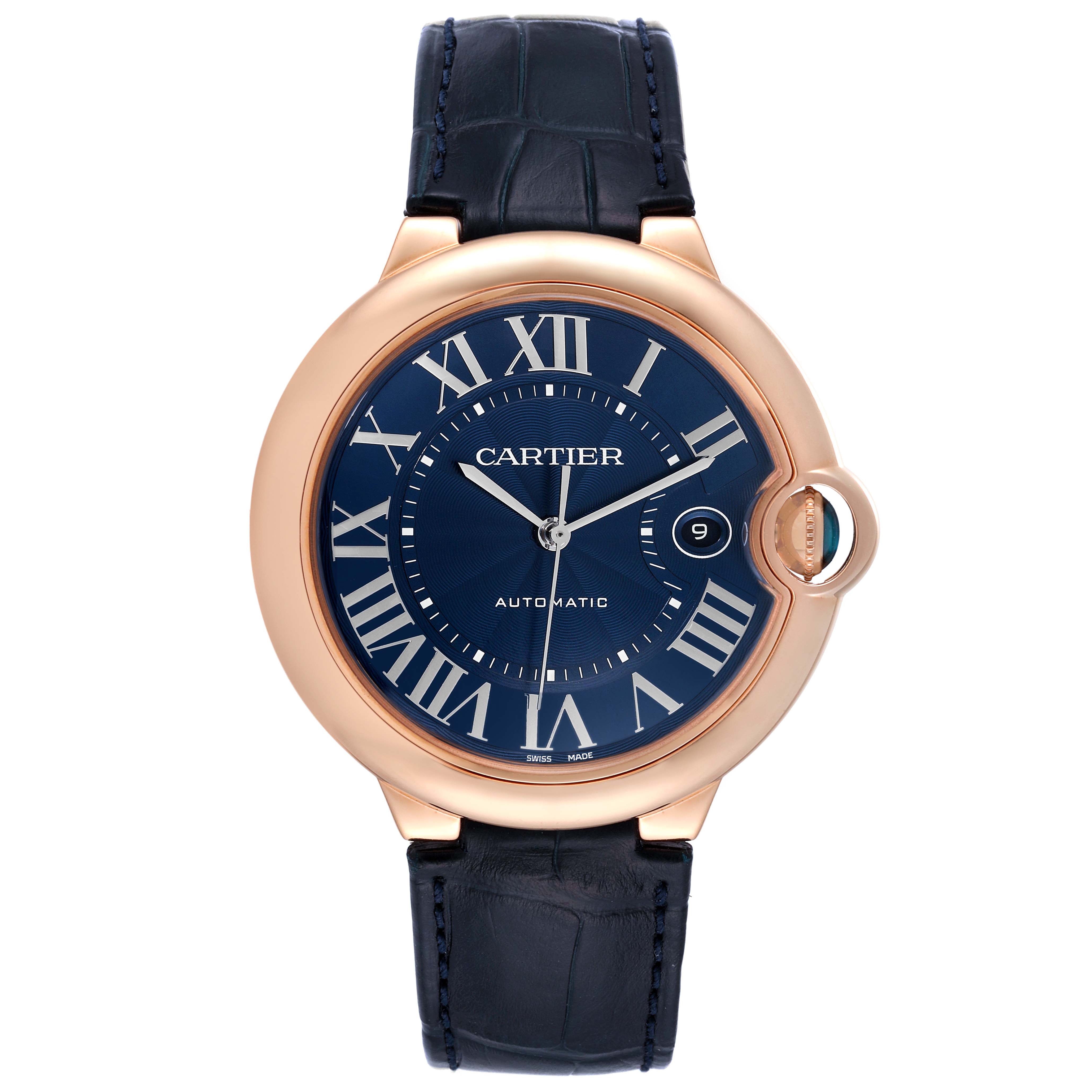 The image shows a front view of a Cartier Ballon Bleu WGBB0036 Men's Rose Gold Blue Dial WGBB0036 Men's Rose Gold Blue Dial watch featuring a blue dial, Roman numerals, and a dark leather strap.
