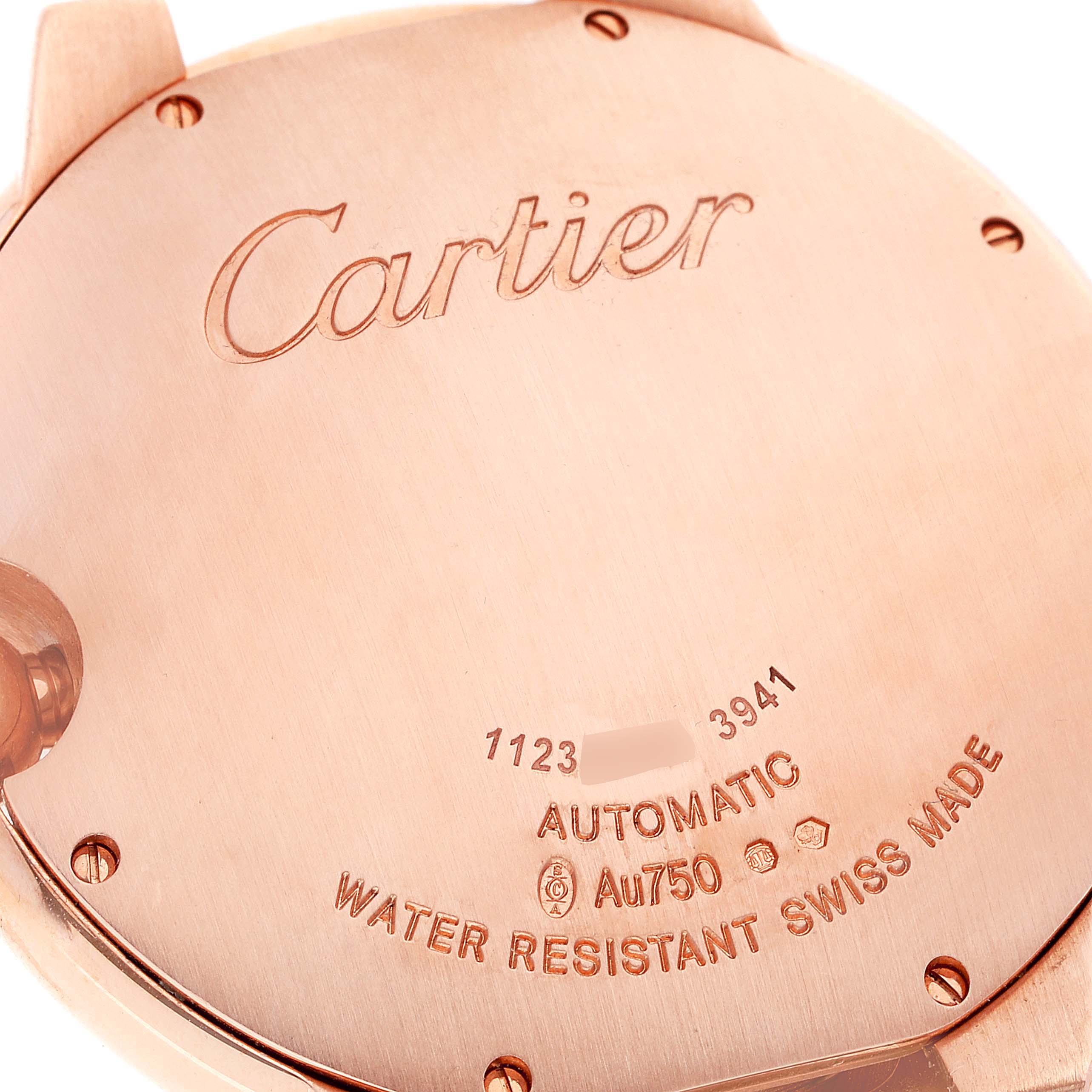 This image shows the case back of a Cartier Ballon Bleu WGBB0036 Men's Rose Gold Blue Dial WGBB0036 Men's Rose Gold Blue Dial watch from a close-up rear angle.