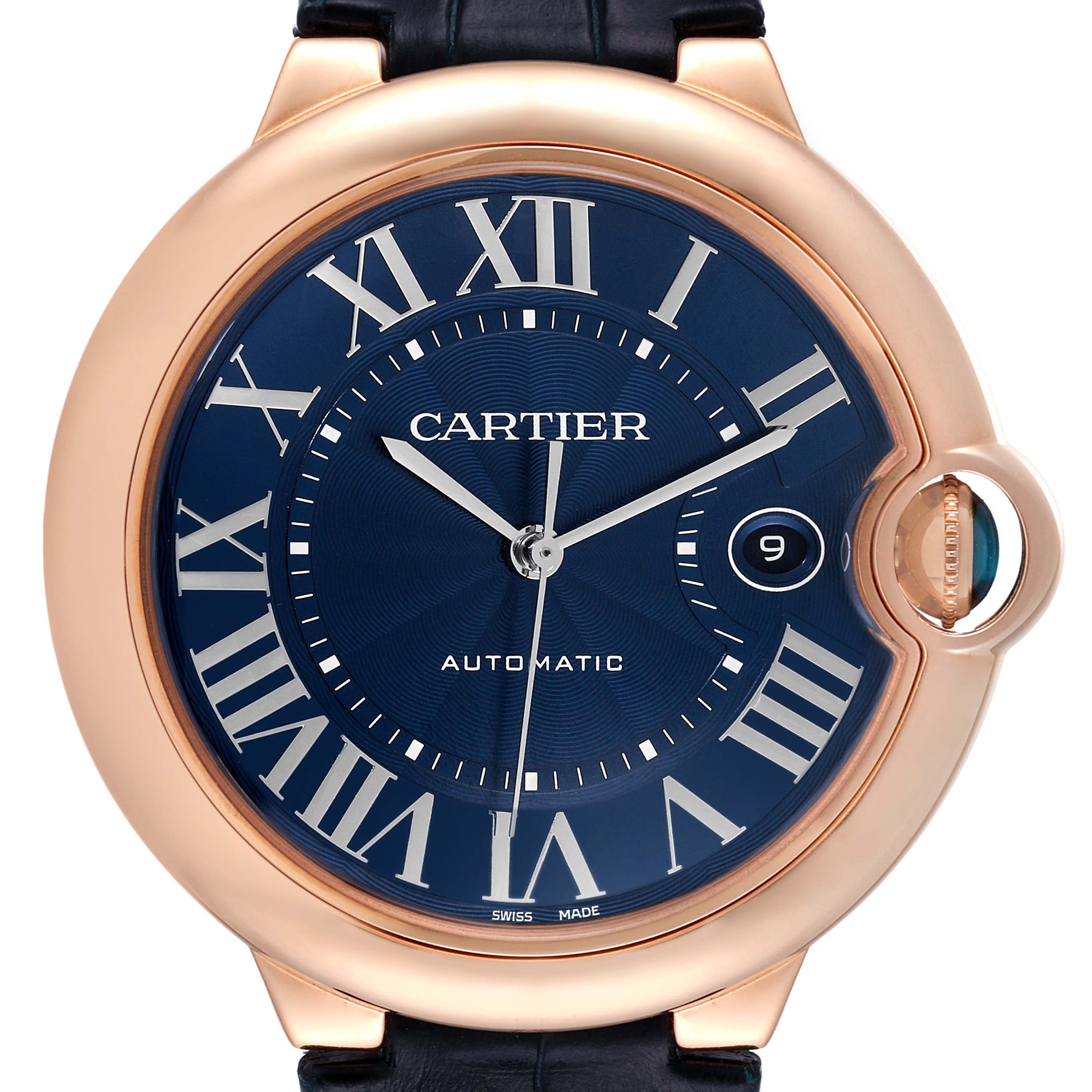 The image shows a front view of the Cartier Ballon Bleu WGBB0036 Men's Rose Gold Blue Dial WGBB0036 Men's Rose Gold Blue Dial watch, displaying its blue dial, Roman numerals, and date window at 3 o'clock.