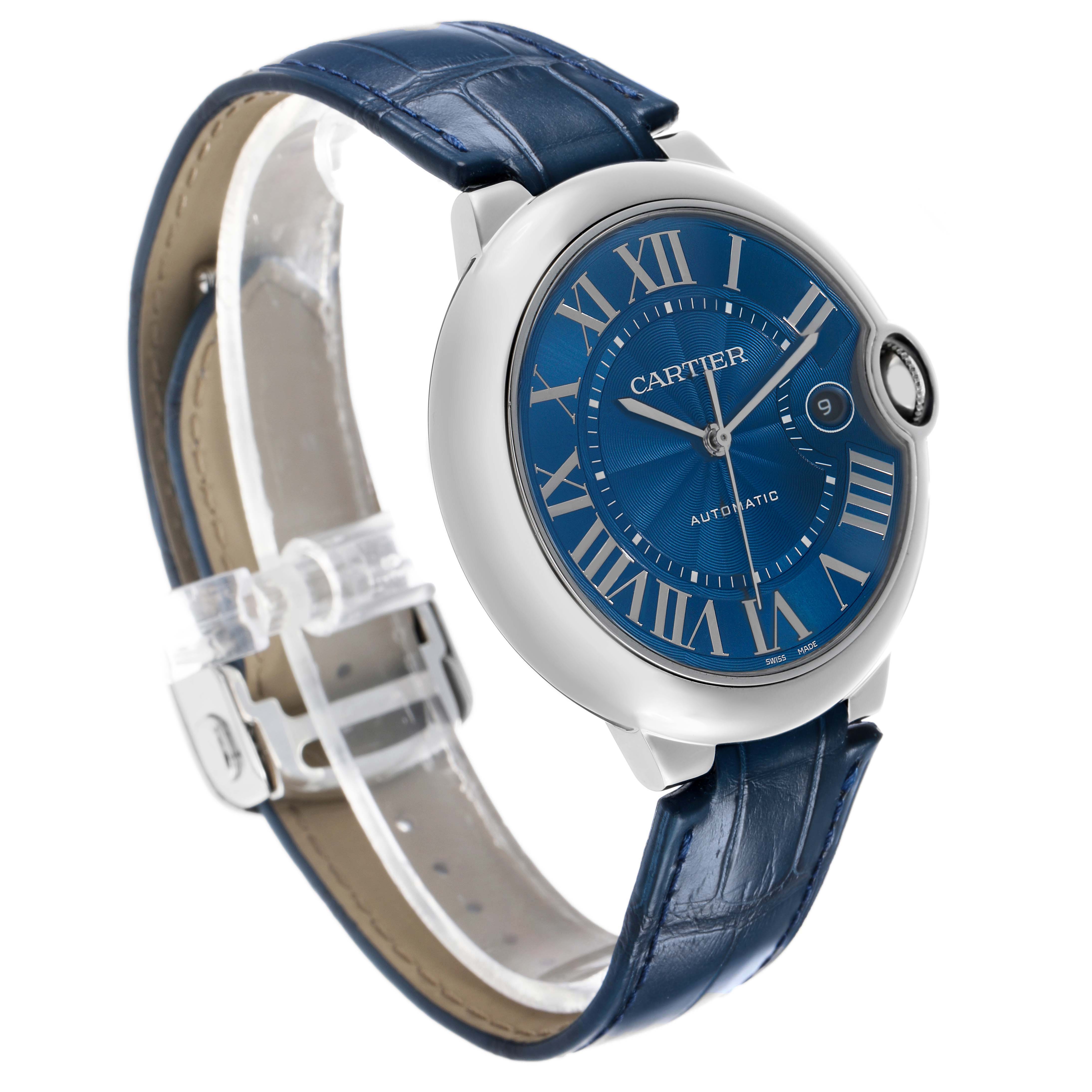 The Cartier Ballon Bleu WSBB0027 Men's Stainless Steel Blue Dial watch is shown at a three-quarter angle, highlighting the blue dial, case, and leather strap.