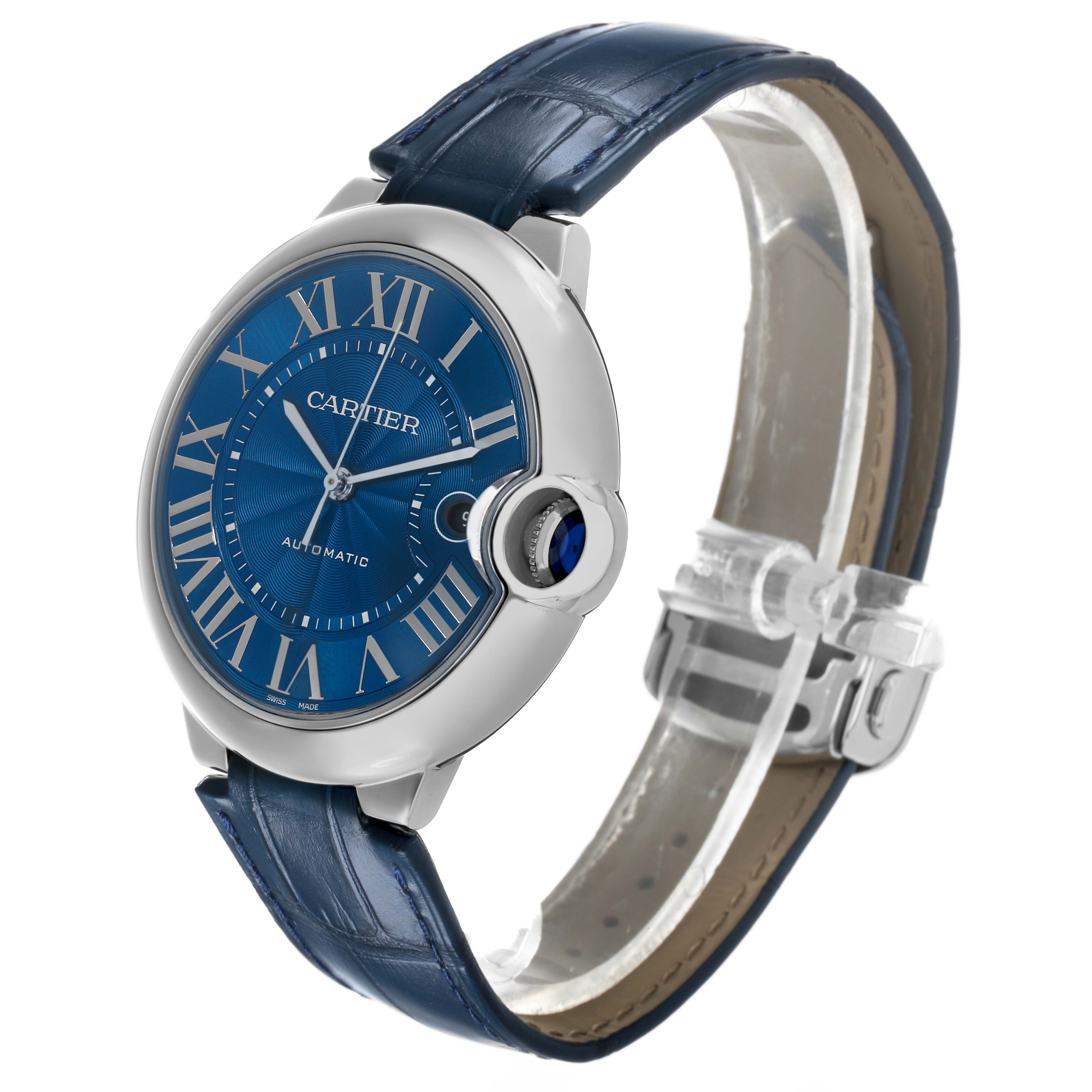 The Cartier Ballon Bleu WSBB0027 Men's Stainless Steel Blue Dial watch is shown at a three-quarter angle highlighting the blue dial, Roman numerals, and crown details.