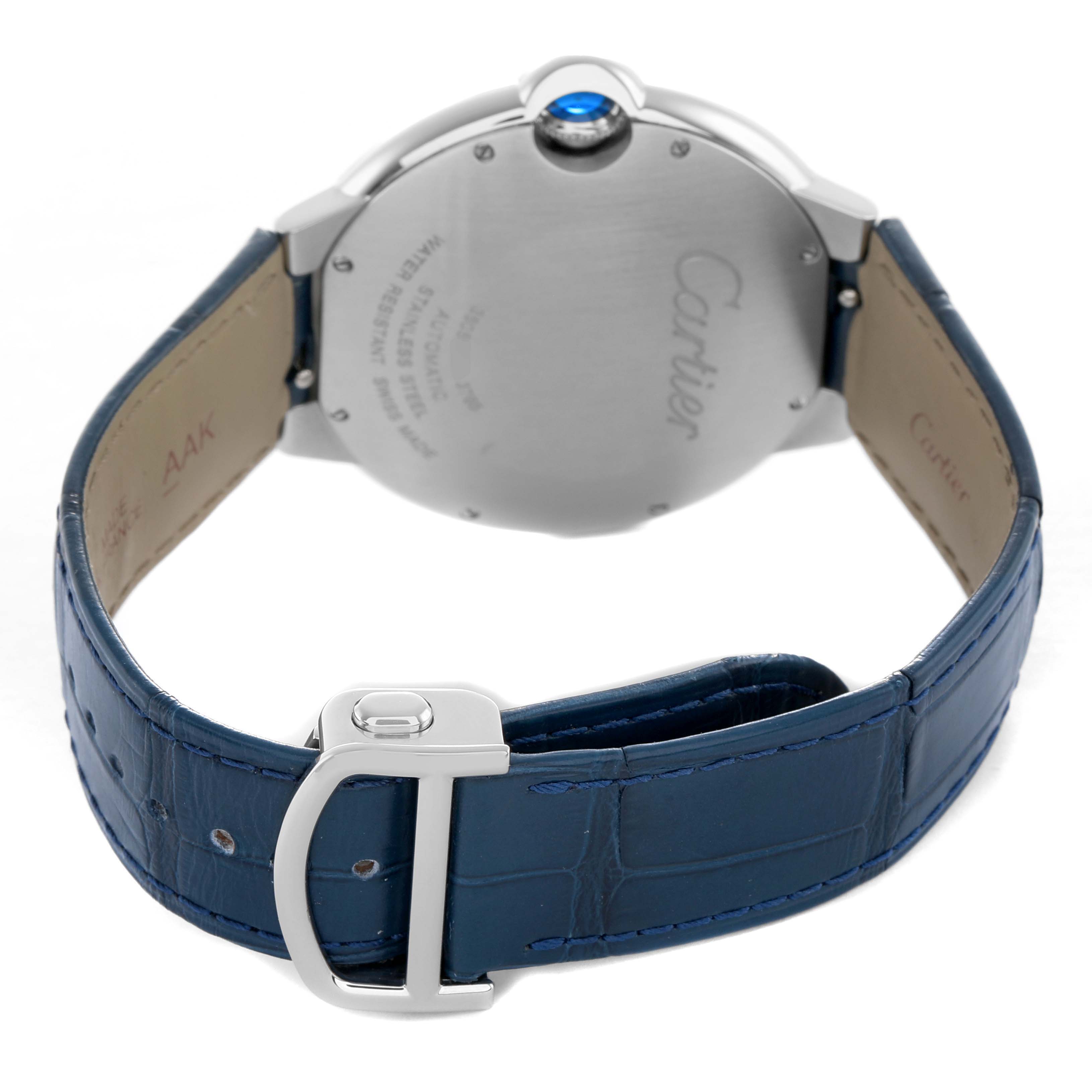 The image shows the back case and blue leather strap of a Cartier Ballon Bleu WSBB0027 Men's Stainless Steel Blue Dial watch, highlighting the clasp and crown.