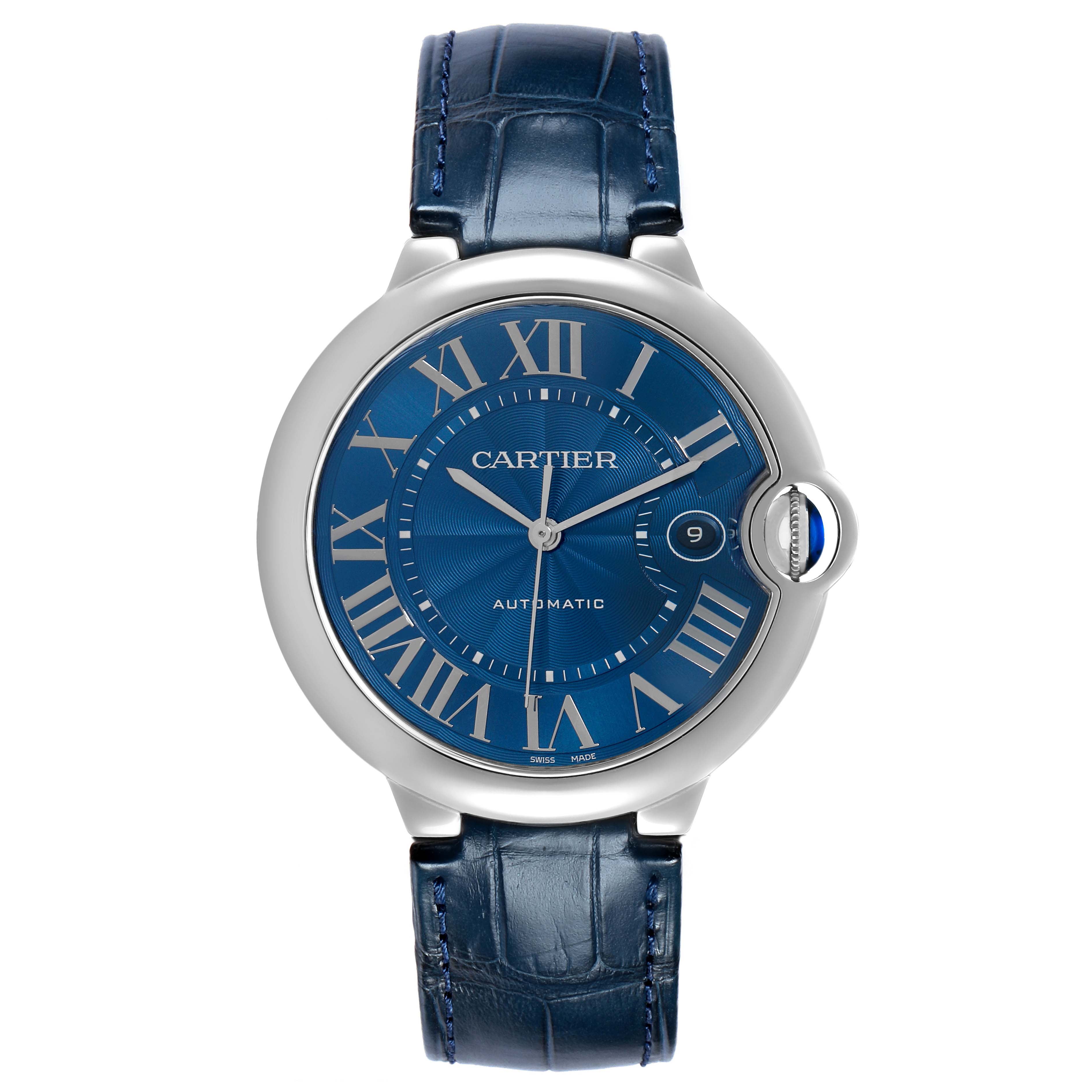 The image shows a top-down view of the Cartier Ballon Bleu WSBB0027 Men's Stainless Steel Blue Dial watch, highlighting its blue dial, Roman numerals, and strap.
