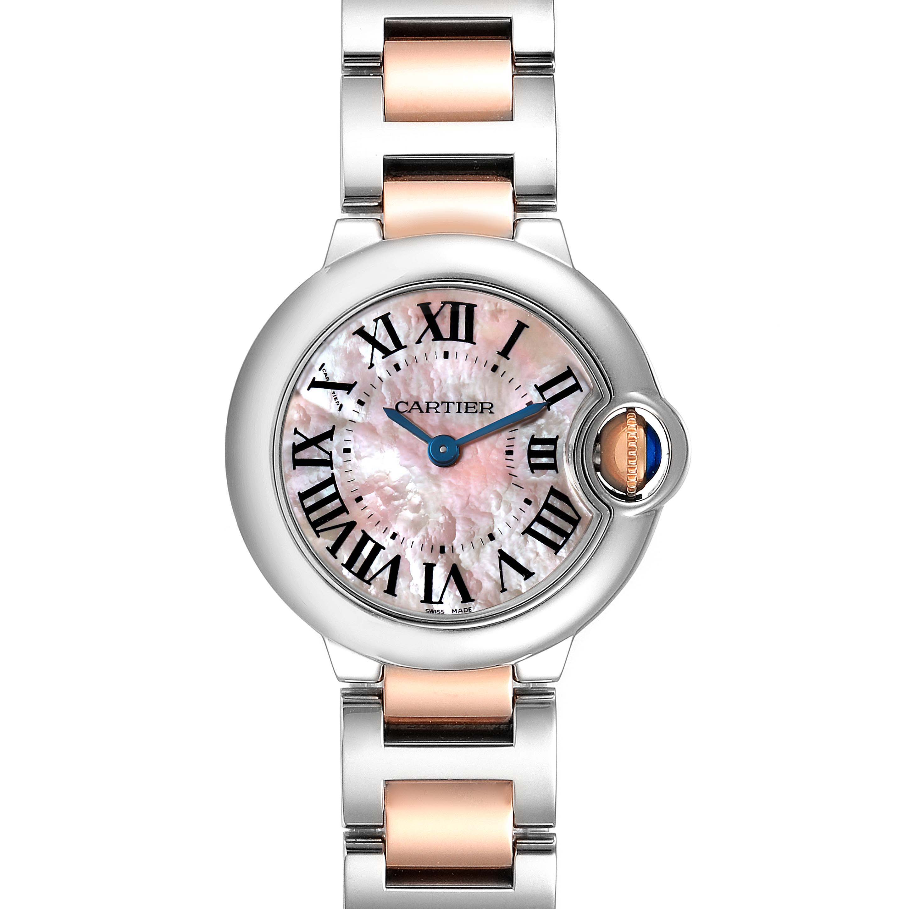 The image shows a front view of the Cartier Ballon Bleu W6920034 Women
s Steel and Gold (two tone) Mother of Pearl Dial W6920034 Women
s Steel and Gold (two tone) Mother of Pearl Dial watch, highlighting its bracelet, dial, and crown.