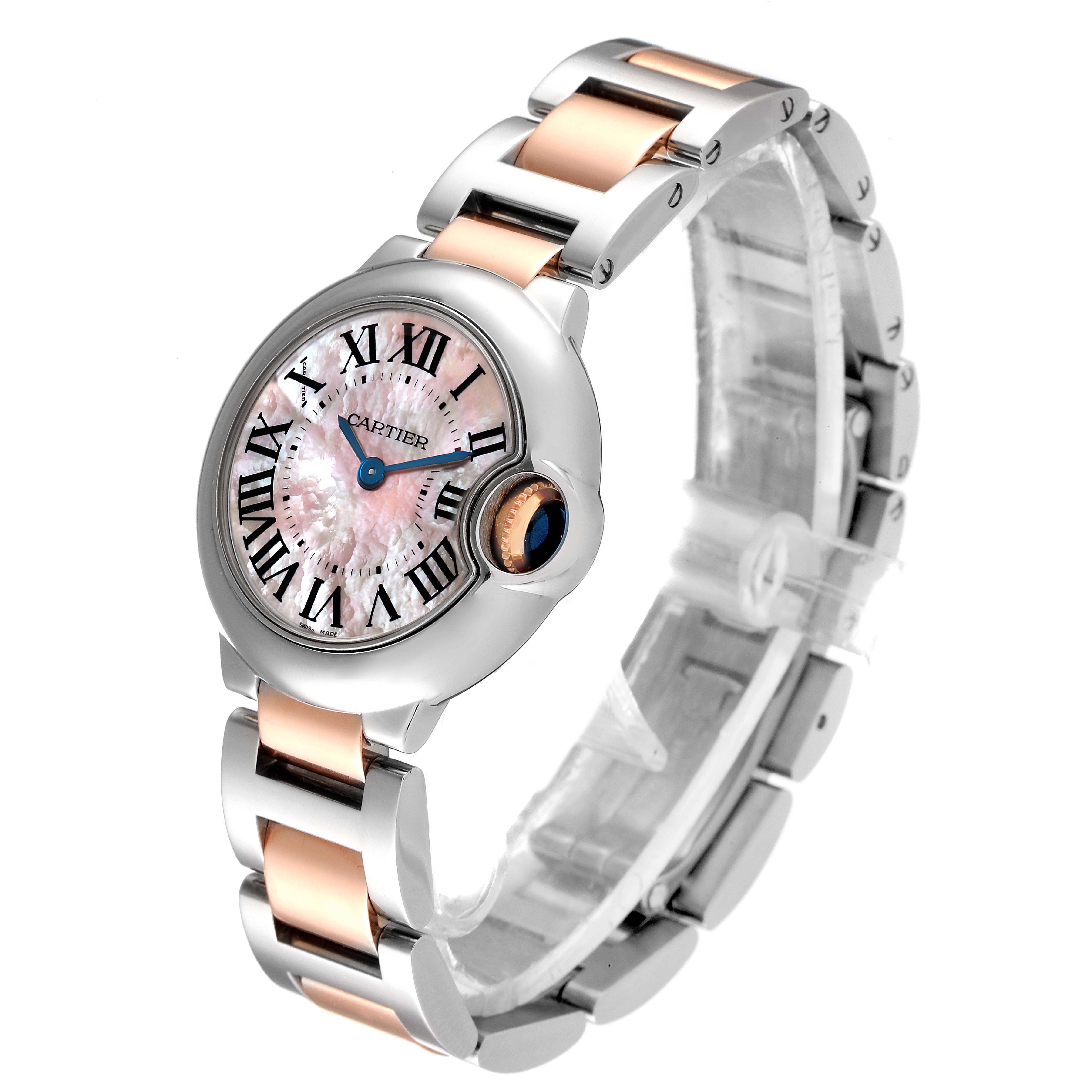 The Cartier Ballon Bleu W6920034 Women
s Steel and Gold (two tone) Mother of Pearl Dial W6920034 Women
s Steel and Gold (two tone) Mother of Pearl Dial watch is shown at a three-quarter angle, highlighting its dial, crown, and two-tone bracelet.
