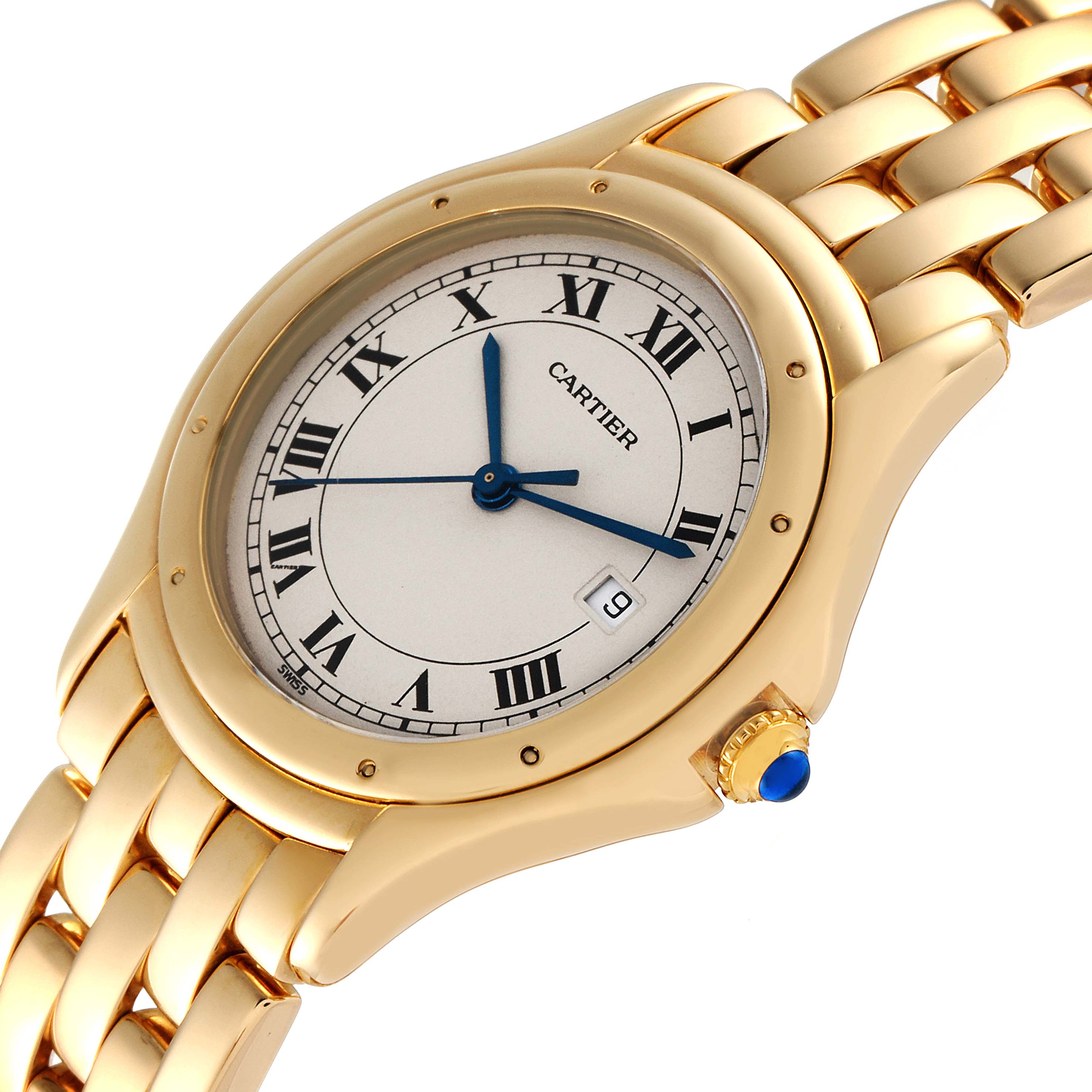 This image shows a close-up view of a Cartier Panthere 887904 Women's Yellow Gold Silver Dial 887904 Women's Yellow Gold Silver Dial model watch, focusing on its face, bezel, crown, and bracelet.