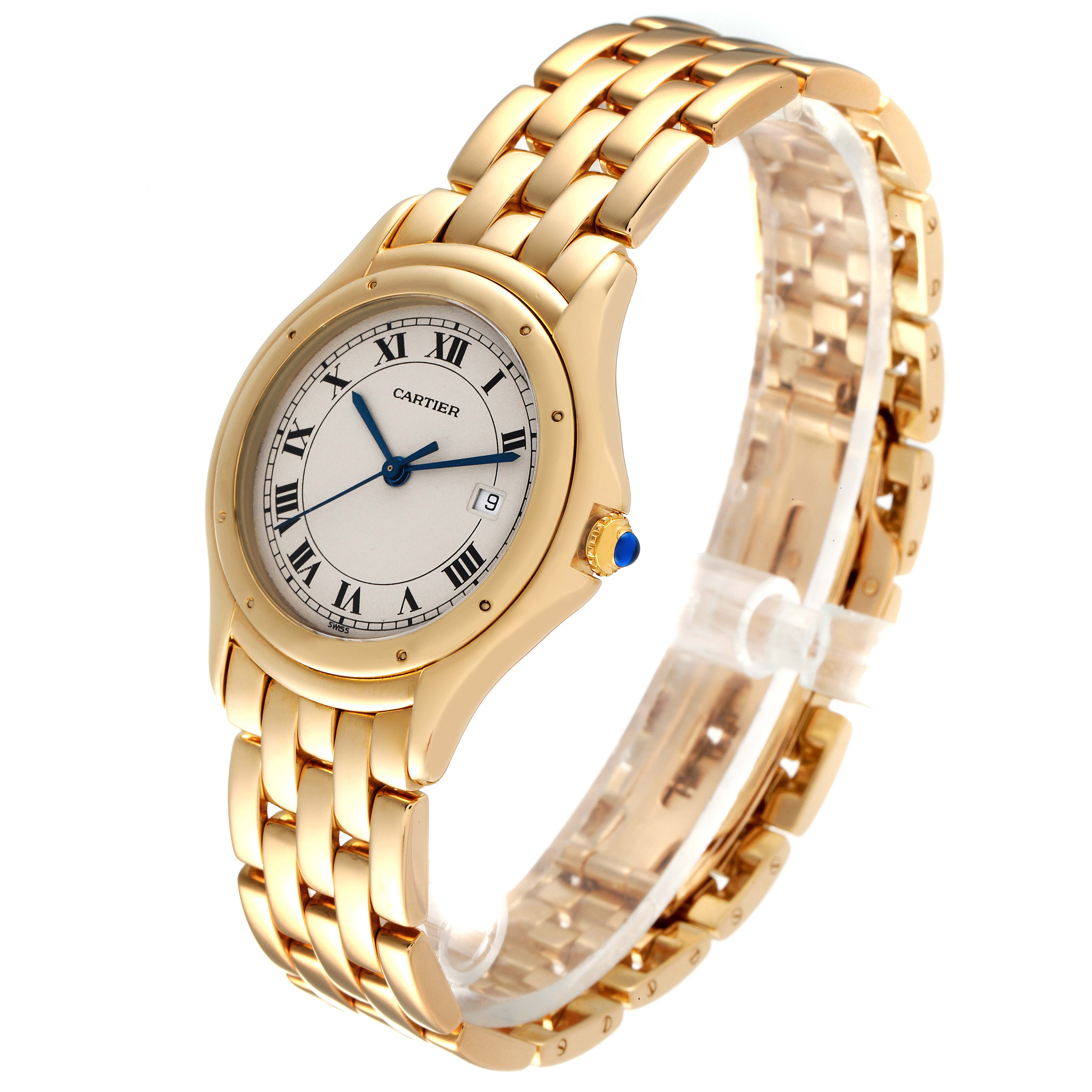 The image shows a Cartier Panthere 887904 Women's Yellow Gold Silver Dial 887904 Women's Yellow Gold Silver Dial model watch at an angle highlighting its gold bracelet and white dial with Roman numerals.