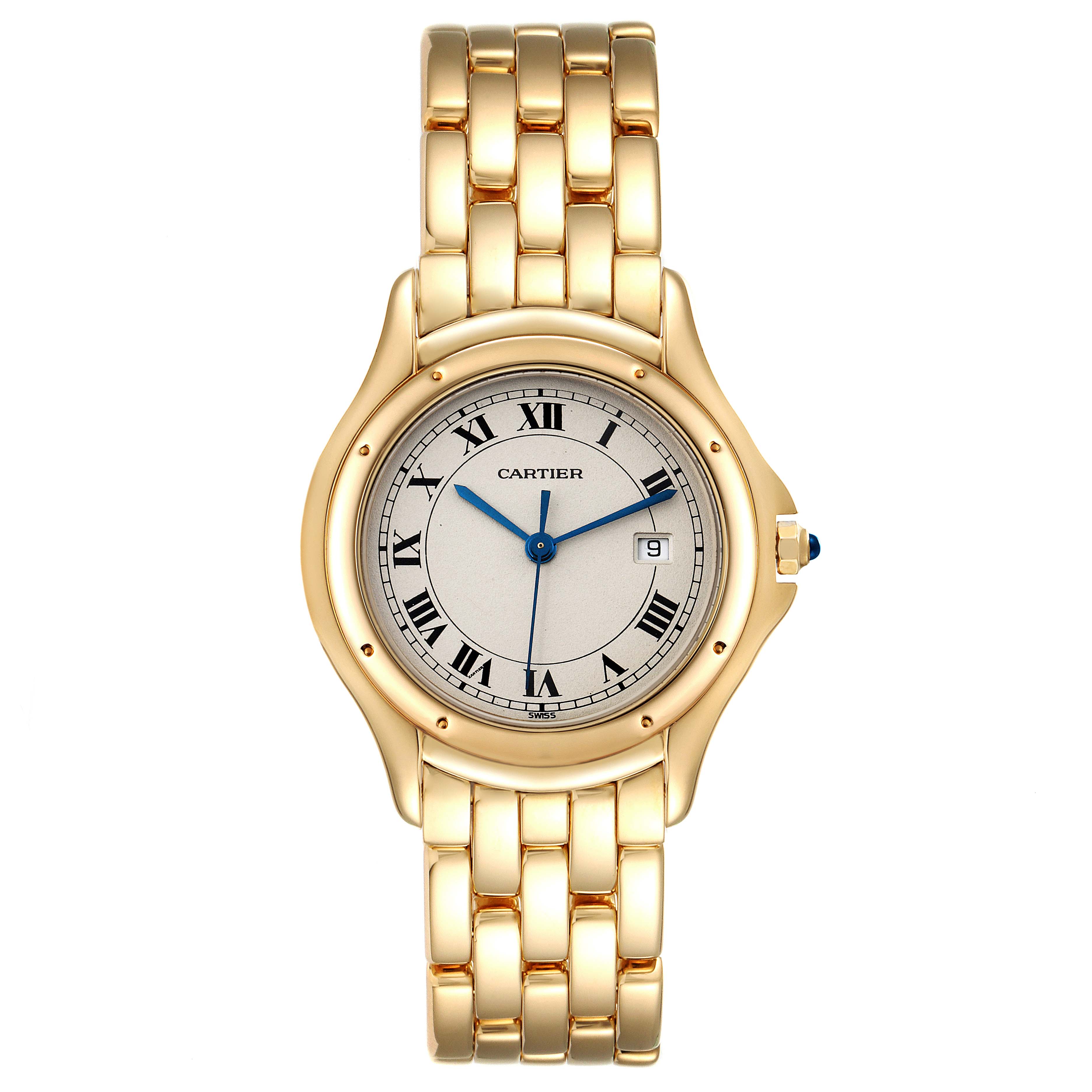 The image shows a Panthere model by Cartier from a top-down angle, highlighting its gold bracelet, round case, and dial with Roman numerals.