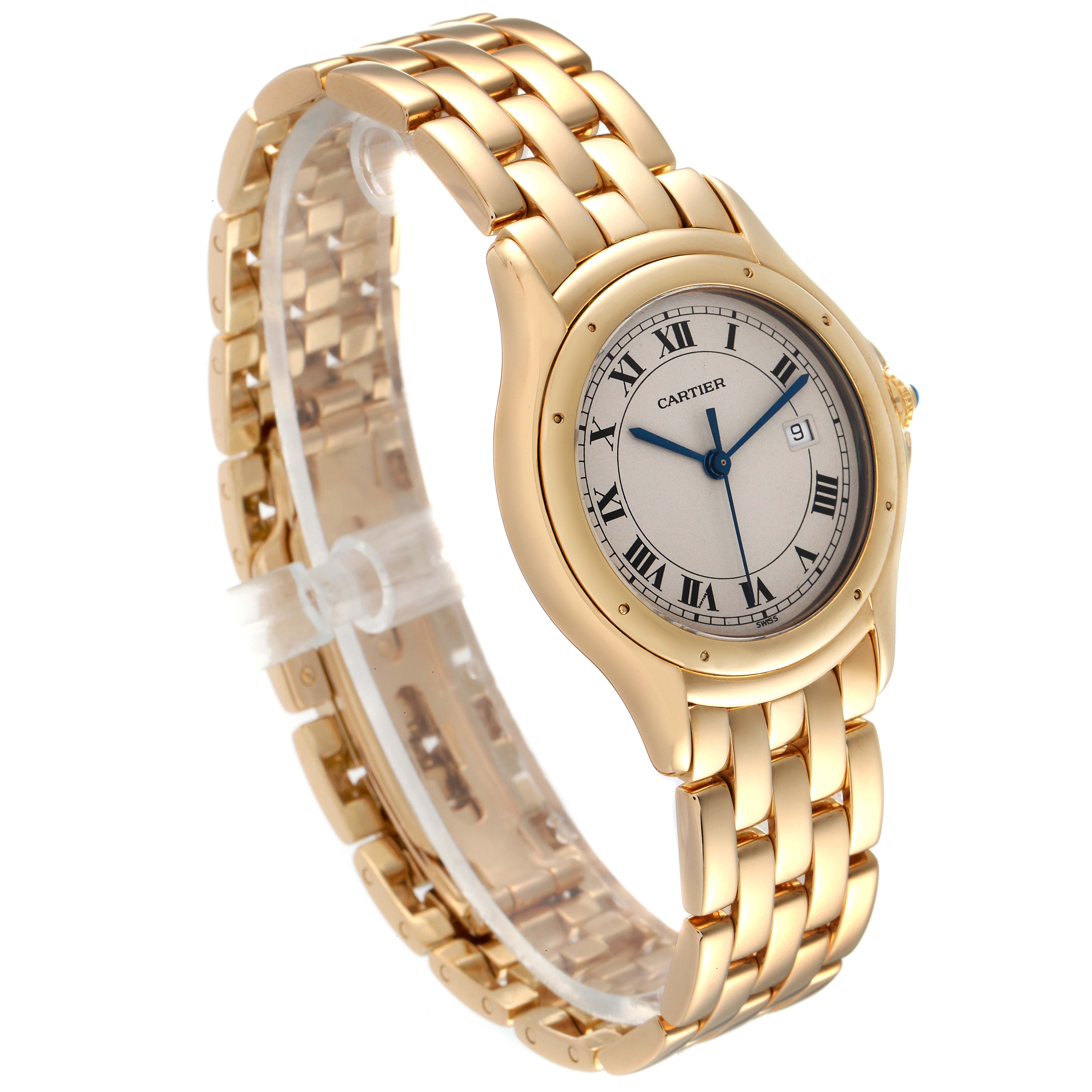 The image features a Cartier Panthere 887904 Women's Yellow Gold Silver Dial 887904 Women's Yellow Gold Silver Dial watch angled to show its gold bracelet and round dial with Roman numerals.