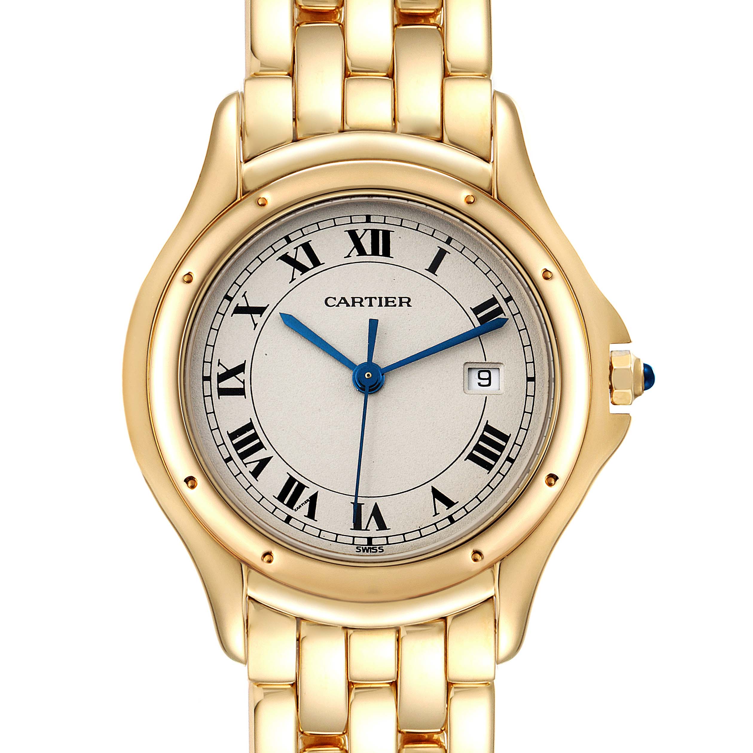The image shows a frontal view of a Panthere model by Cartier, highlighting the gold case, bracelet, and dial with Roman numerals.