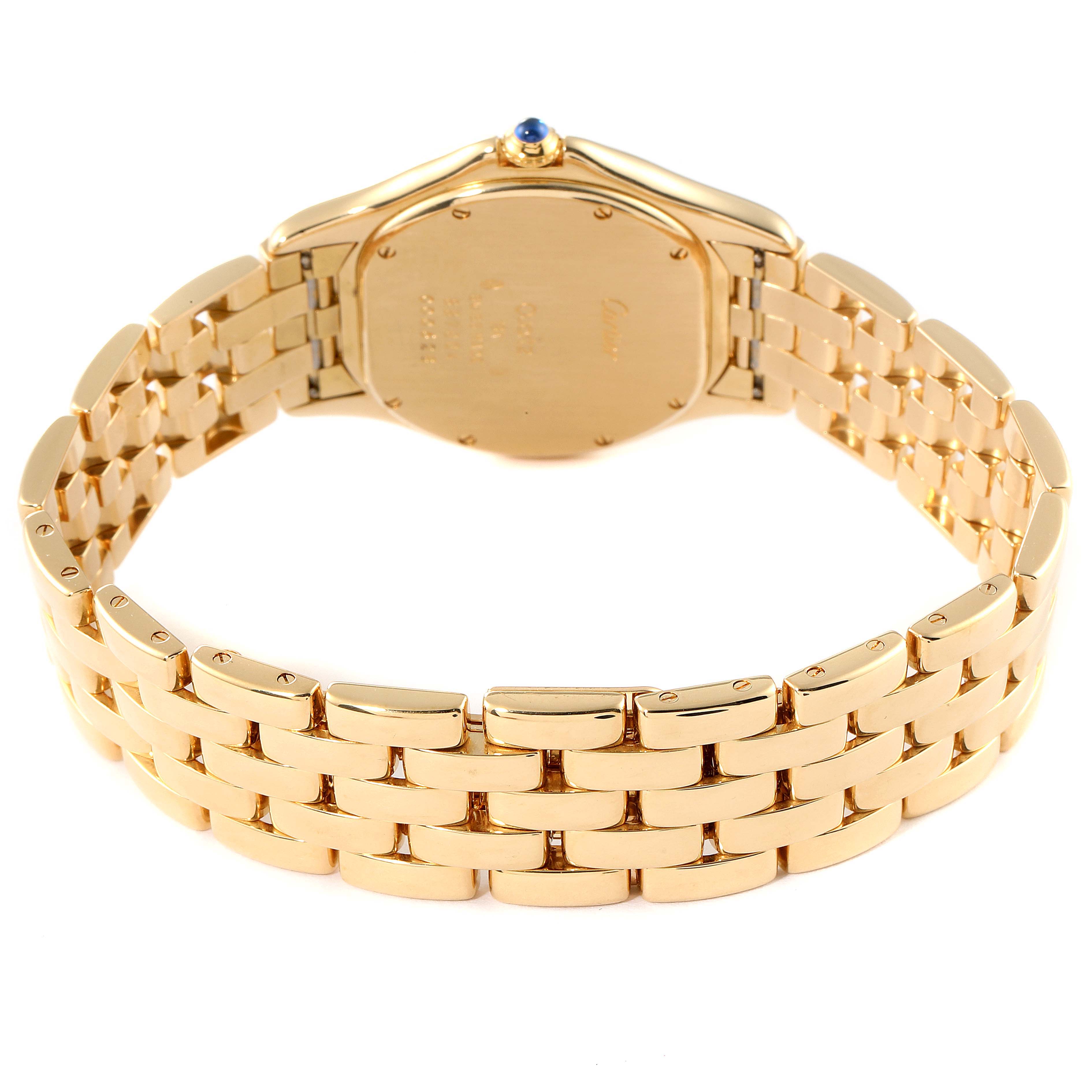 The image shows the back view of a Panthere model by Cartier, highlighting the bracelet and case back.