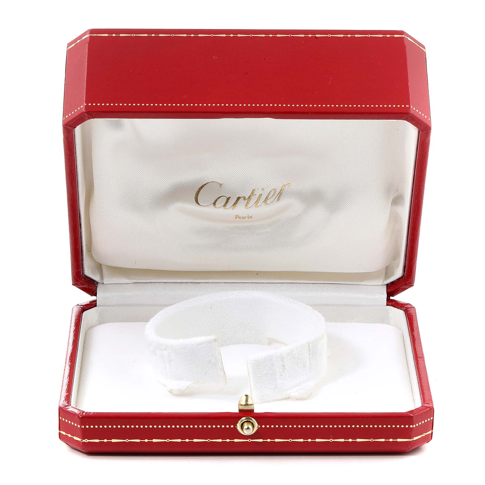The image shows a Cartier Panthere 887904 Women's Yellow Gold Silver Dial 887904 Women's Yellow Gold Silver Dial model watch box with a white cushion inside, presented from the front angle.